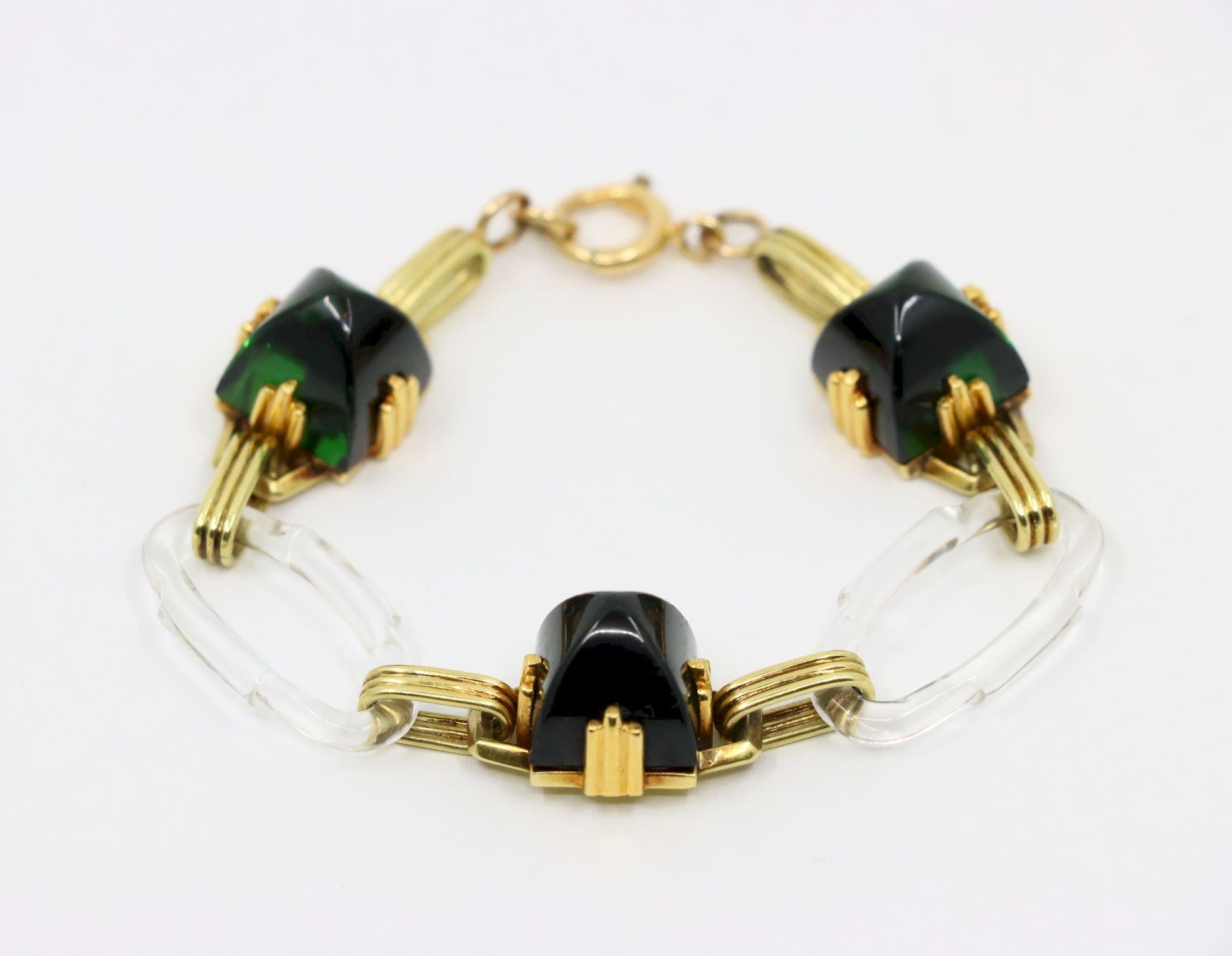 Vintage 14K Gold Rock Crystal Link Bracelet Bon état - En vente à Flushing, NY