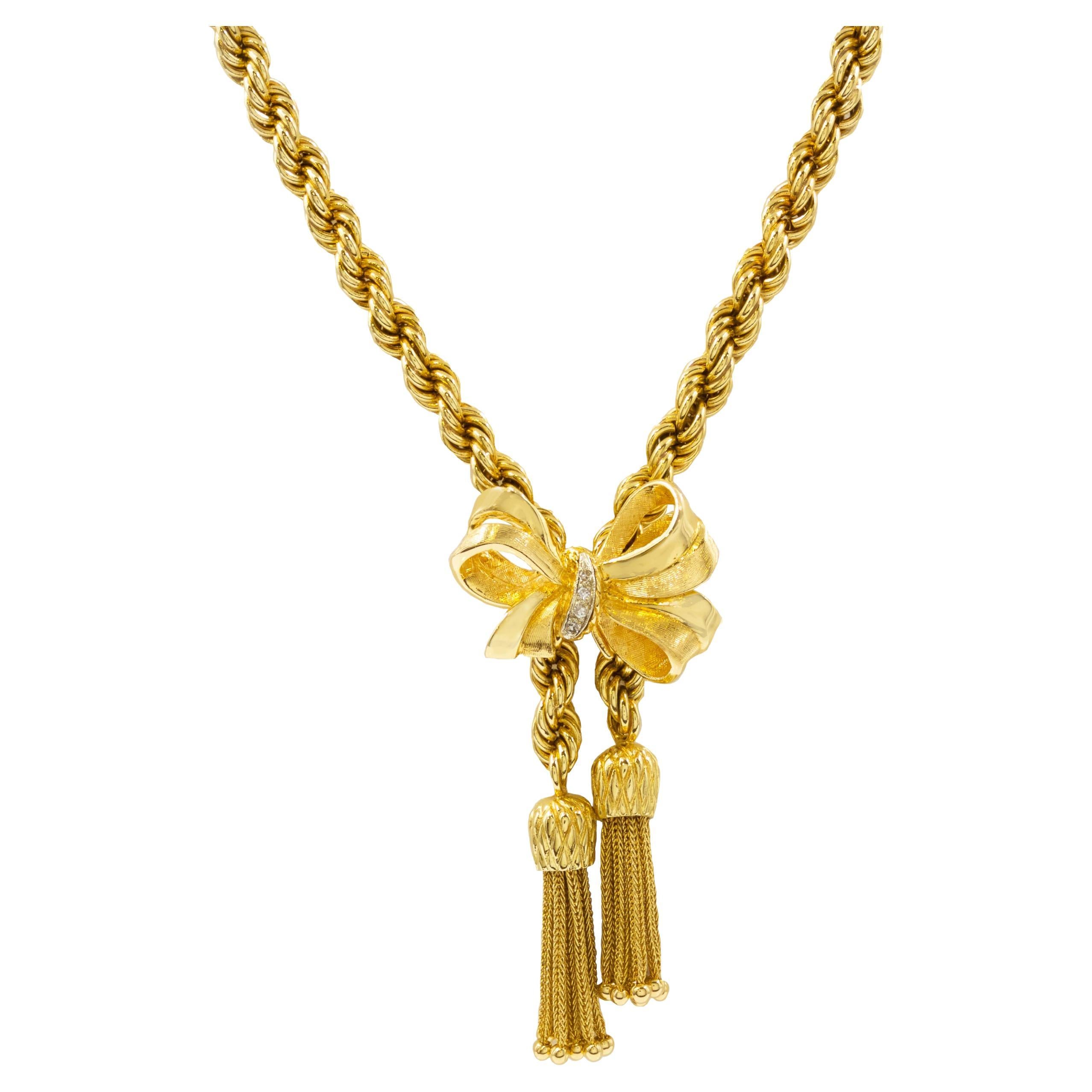 Vintage 14k Gold Rope Chain Necklace with Lariat-Style Bow & Tassels