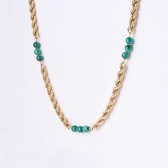 Vintage 14K Gold Rope Chain with Malachite Gemstone Beads Long Necklace 26"