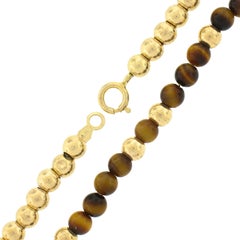 Vintage 14k Gold Round 4mm Tigers Eye & Polished Bead Ball Slide Chain Necklace