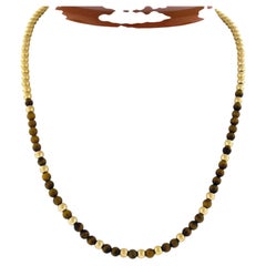Vintage 14k Gold Round 4mm Tigers Eye & Polished Bead Ball Slide Chain Necklace