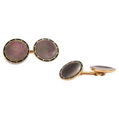 Vintage 14K Gold Round Iridescent Abalone Shell Cufflinks with Black Enamel Rim