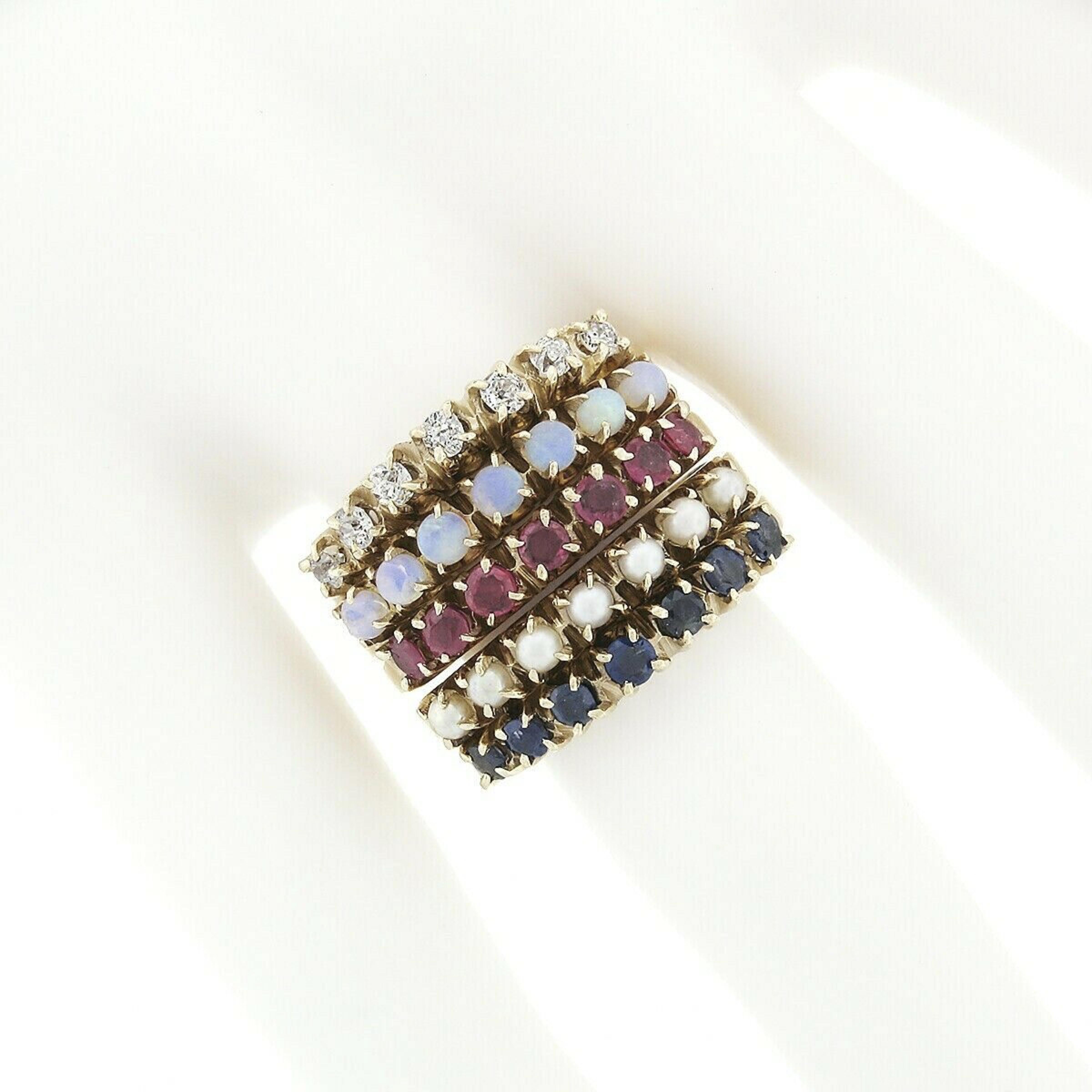 Round Cut Vintage 14k Gold Round Ruby Sapphire Diamond Opal Pearl 5 Band Harem Stack Ring For Sale