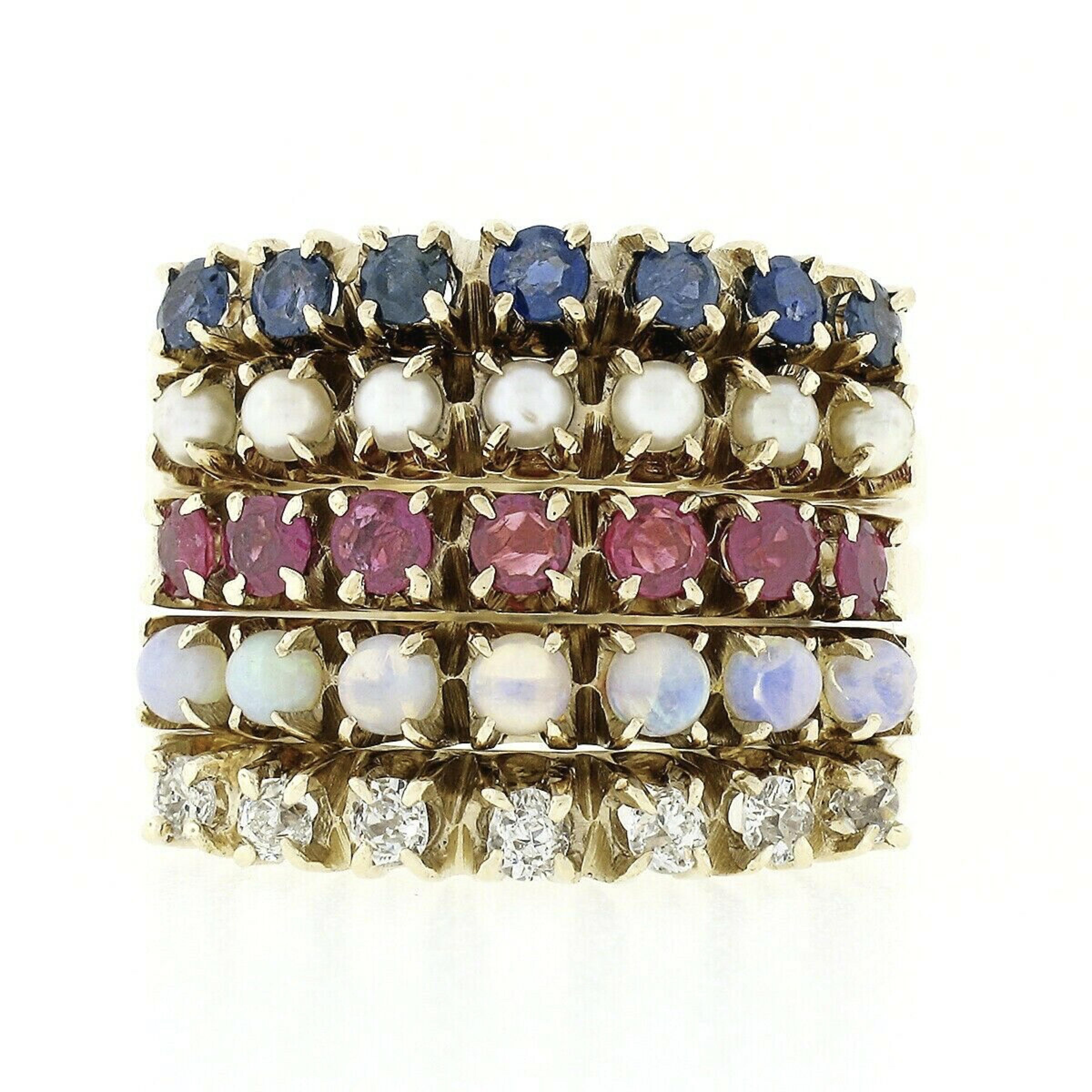 Vintage 14k Gold Round Ruby Sapphire Diamond Opal Pearl 5 Band Harem Stack Ring In Good Condition For Sale In Montclair, NJ