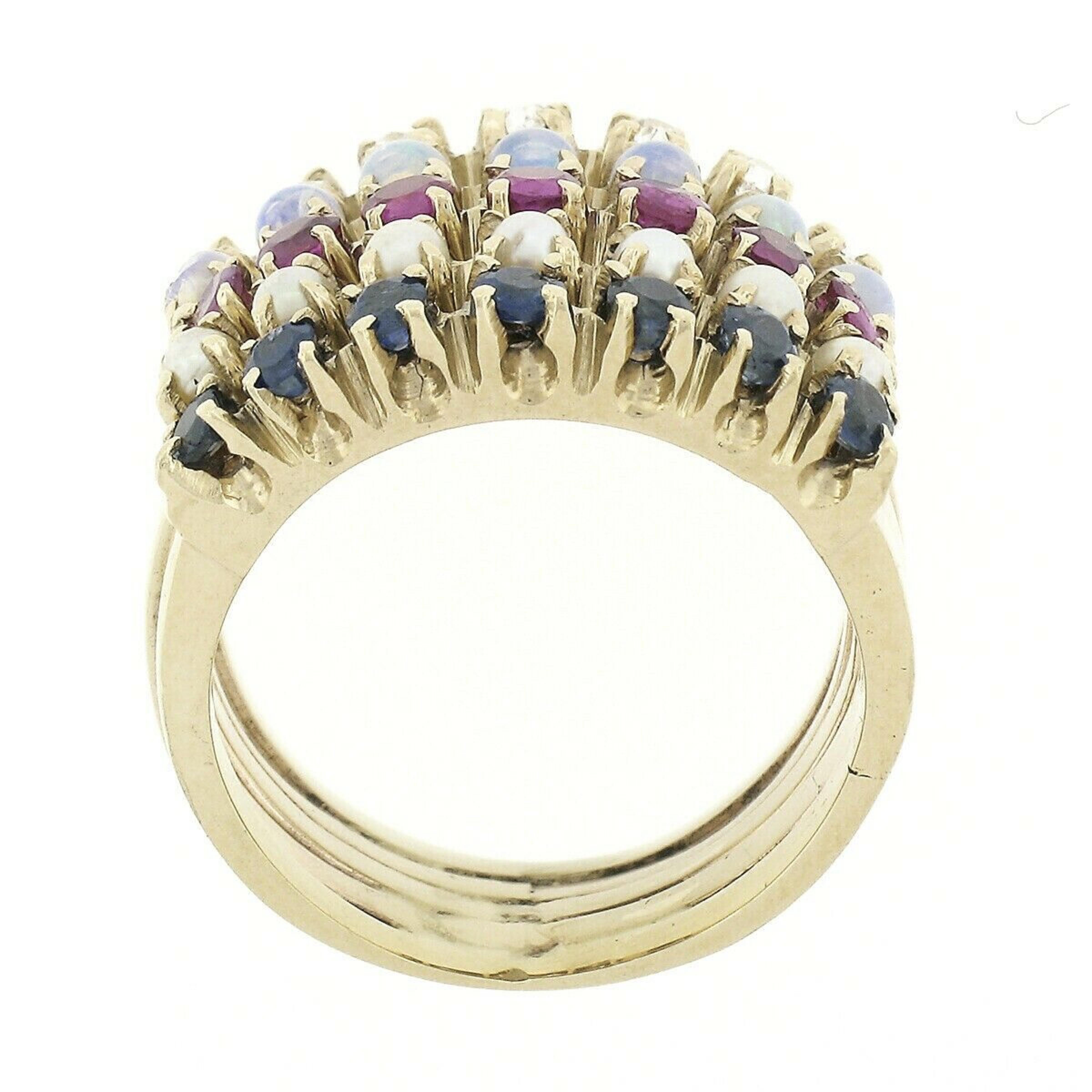 Vintage 14k Gold Round Ruby Sapphire Diamond Opal Pearl 5 Band Harem Stack Ring For Sale 3