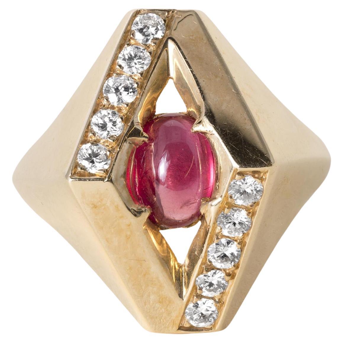 Vintage 14K Gold Rubin Cabochon Contemporary Diamond Ring