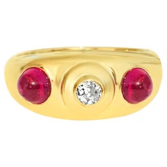 Anillo vintage de oro de 14k con 3 piedras de diamante y rubí