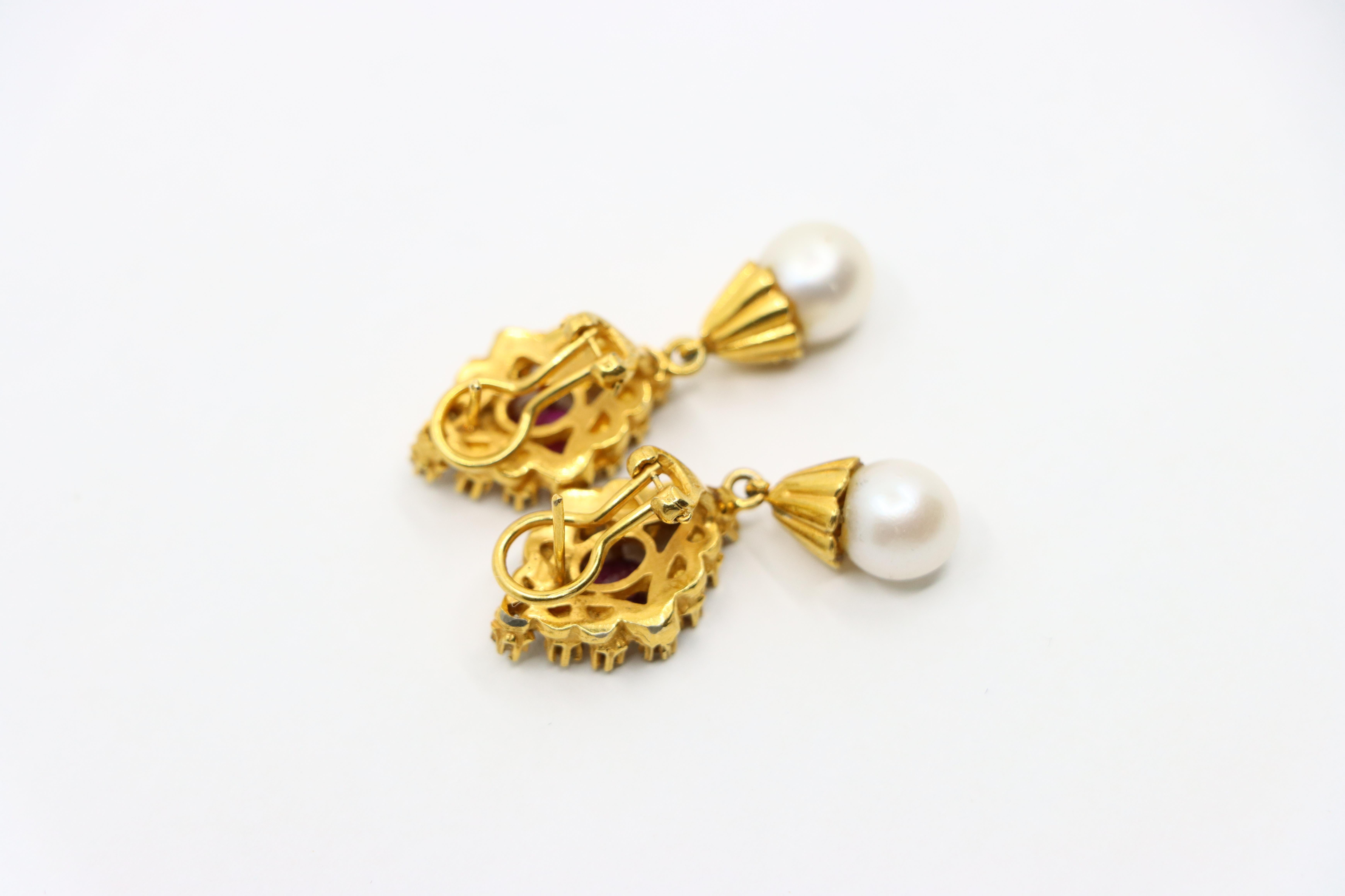 Vintage 14k Gold Ruby Diamonds Pearl Earrings For Sale 5