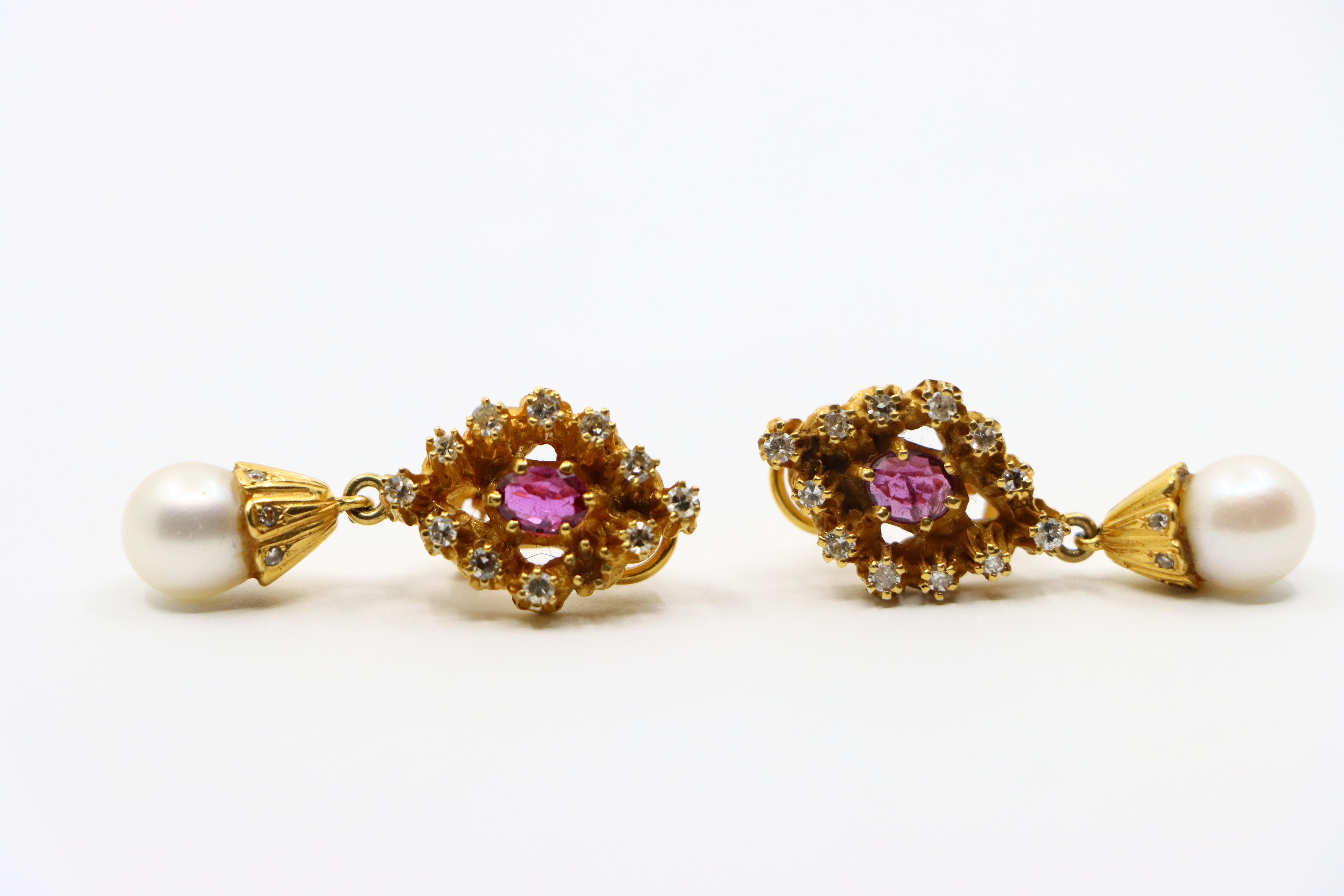 Vintage 14k Gold Ruby Diamonds Pearl Earrings For Sale 6
