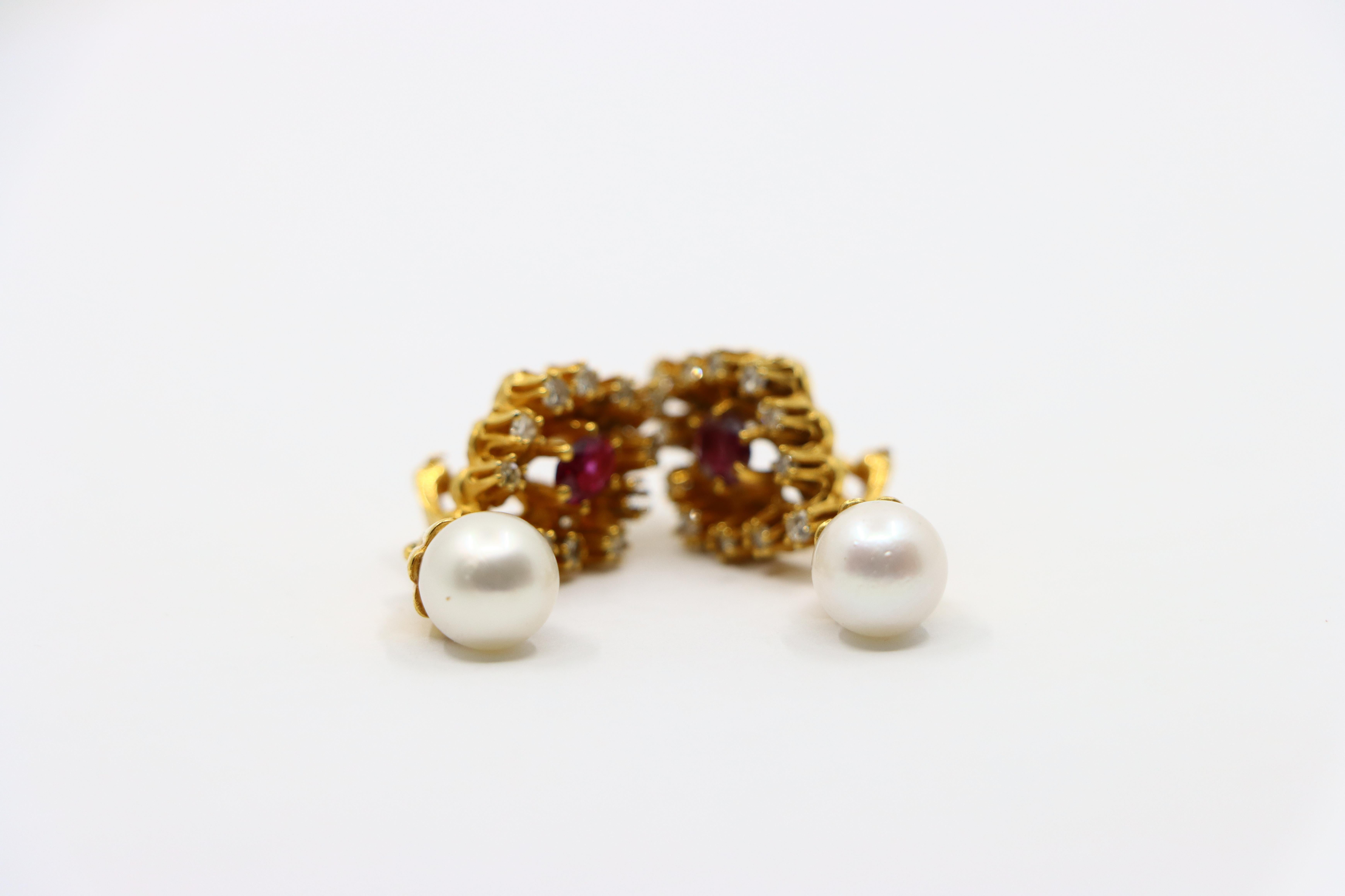 Vintage 14k Gold Ruby Diamonds Pearl Earrings For Sale 7
