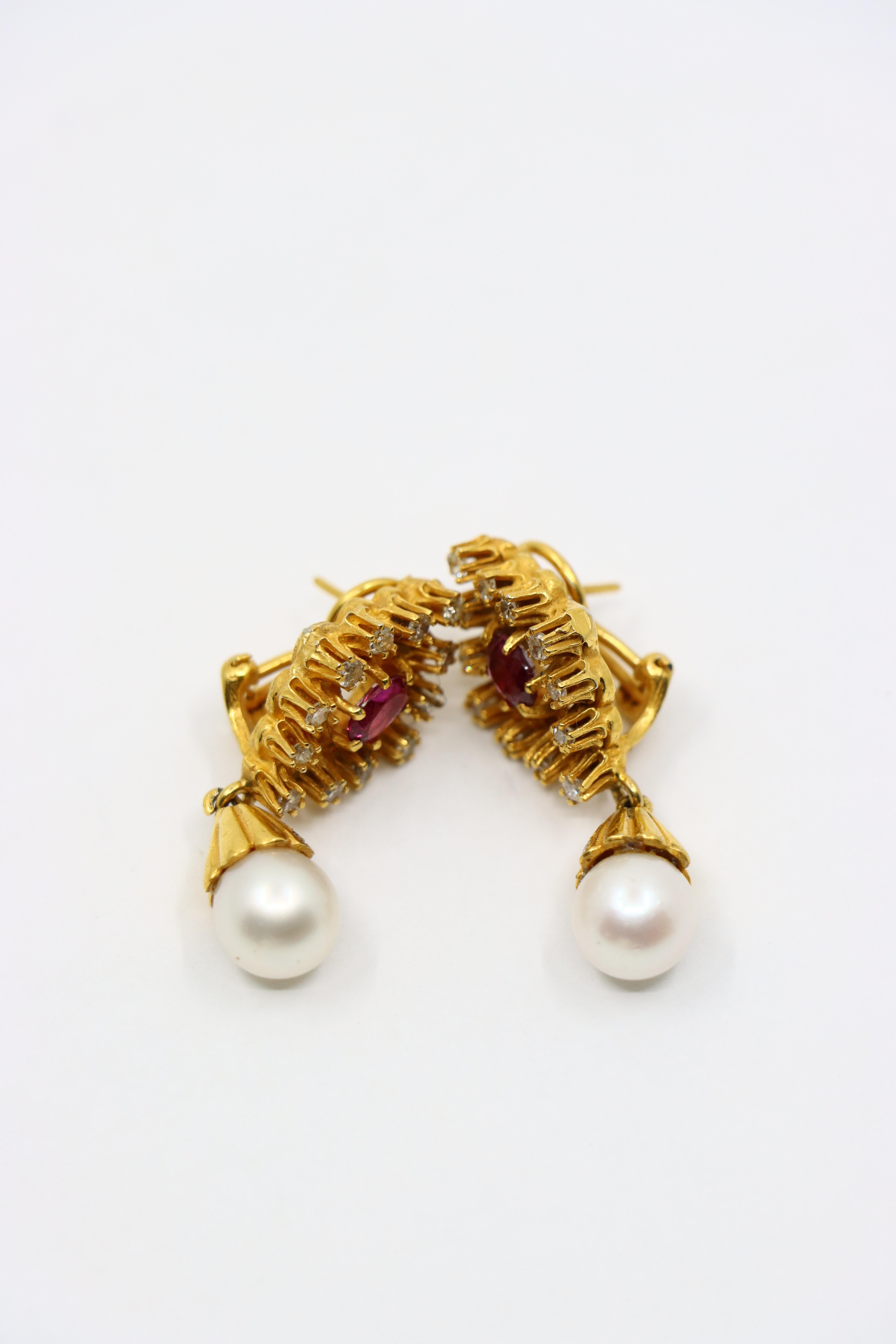 Vintage 14k Gold Ruby Diamonds Pearl Earrings For Sale 8