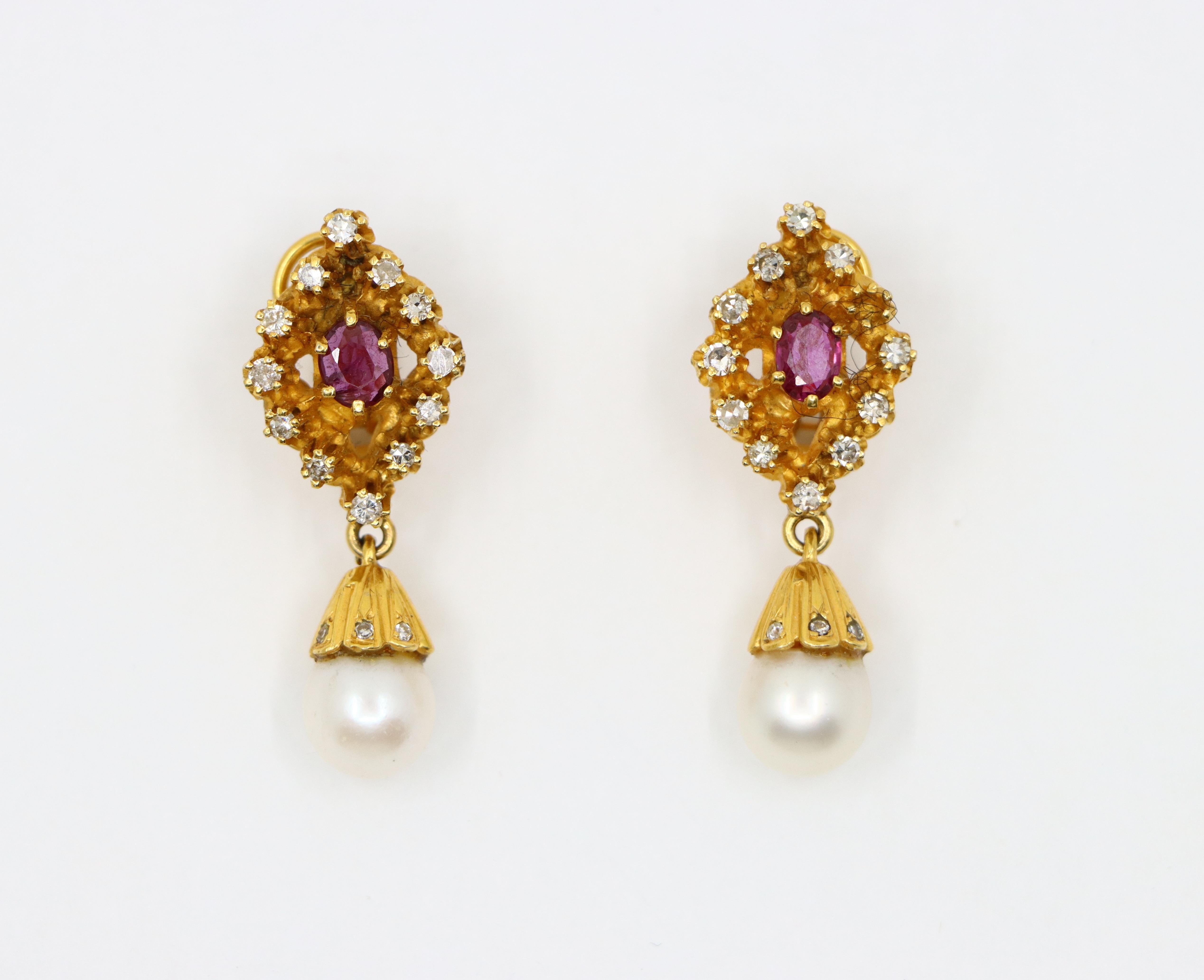 Mixed Cut Vintage 14k Gold Ruby Diamonds Pearl Earrings For Sale