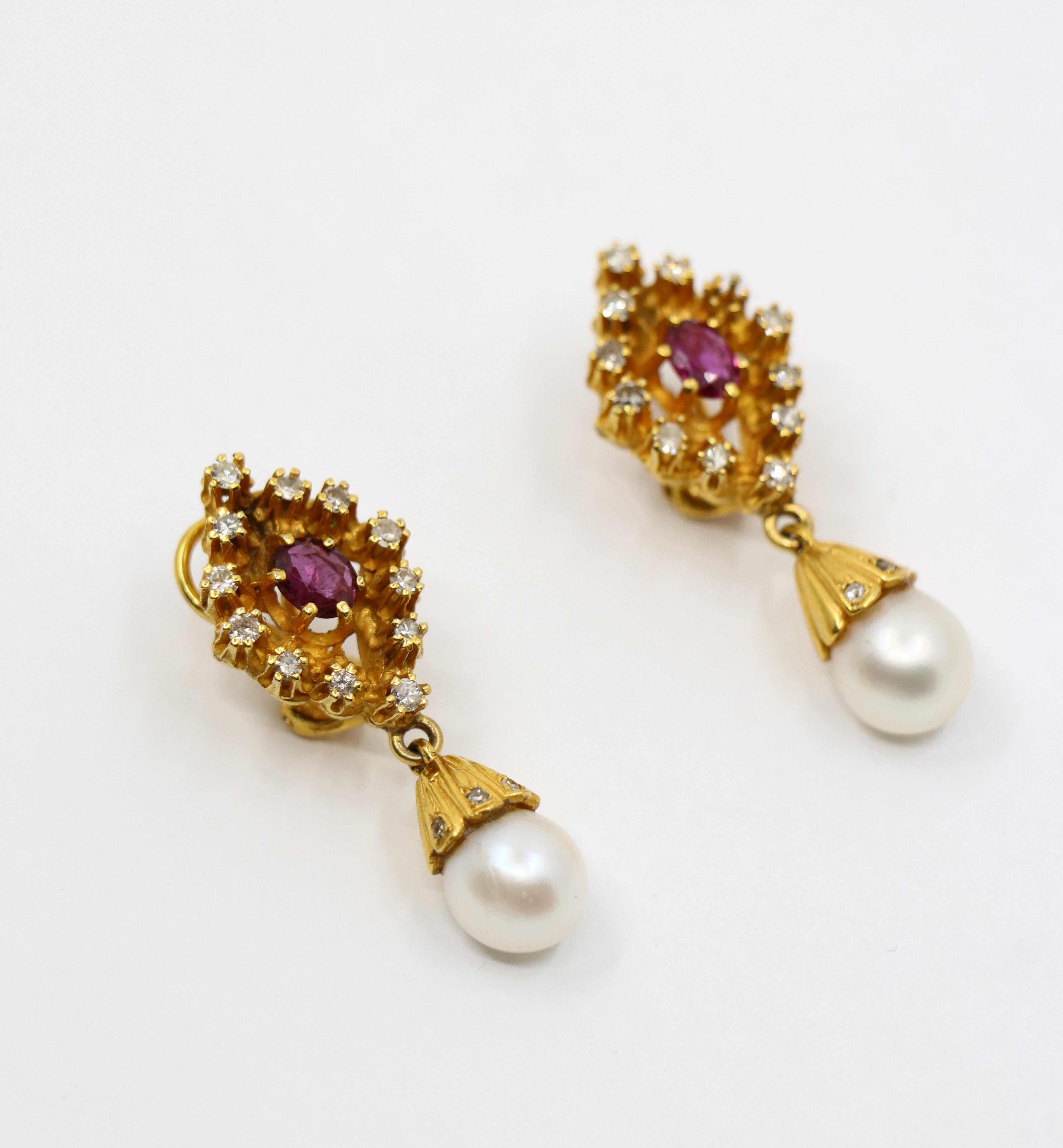 Vintage 14k Gold Ruby Diamonds Pearl Earrings For Sale 1