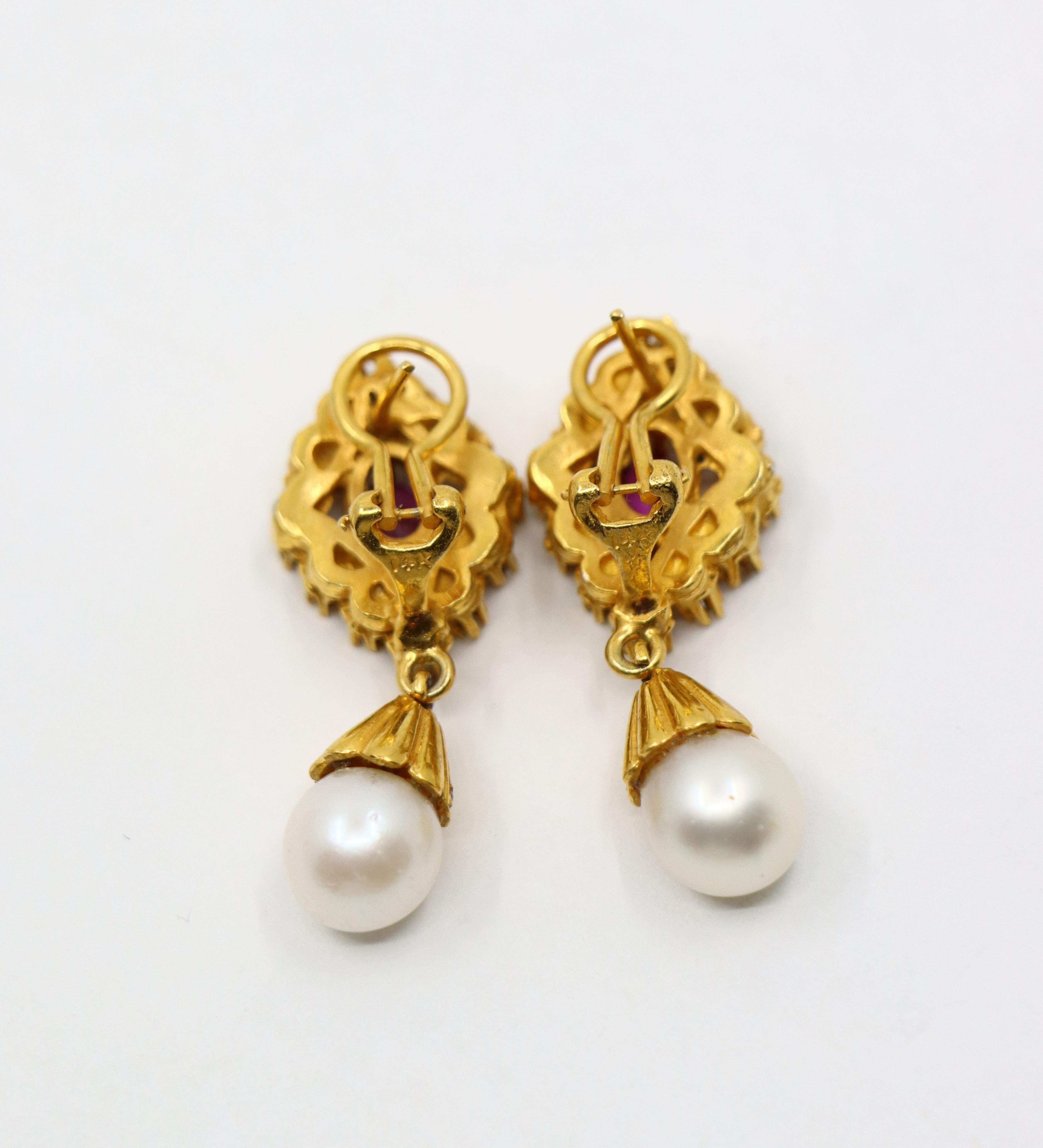 Vintage 14k Gold Ruby Diamonds Pearl Earrings For Sale 2