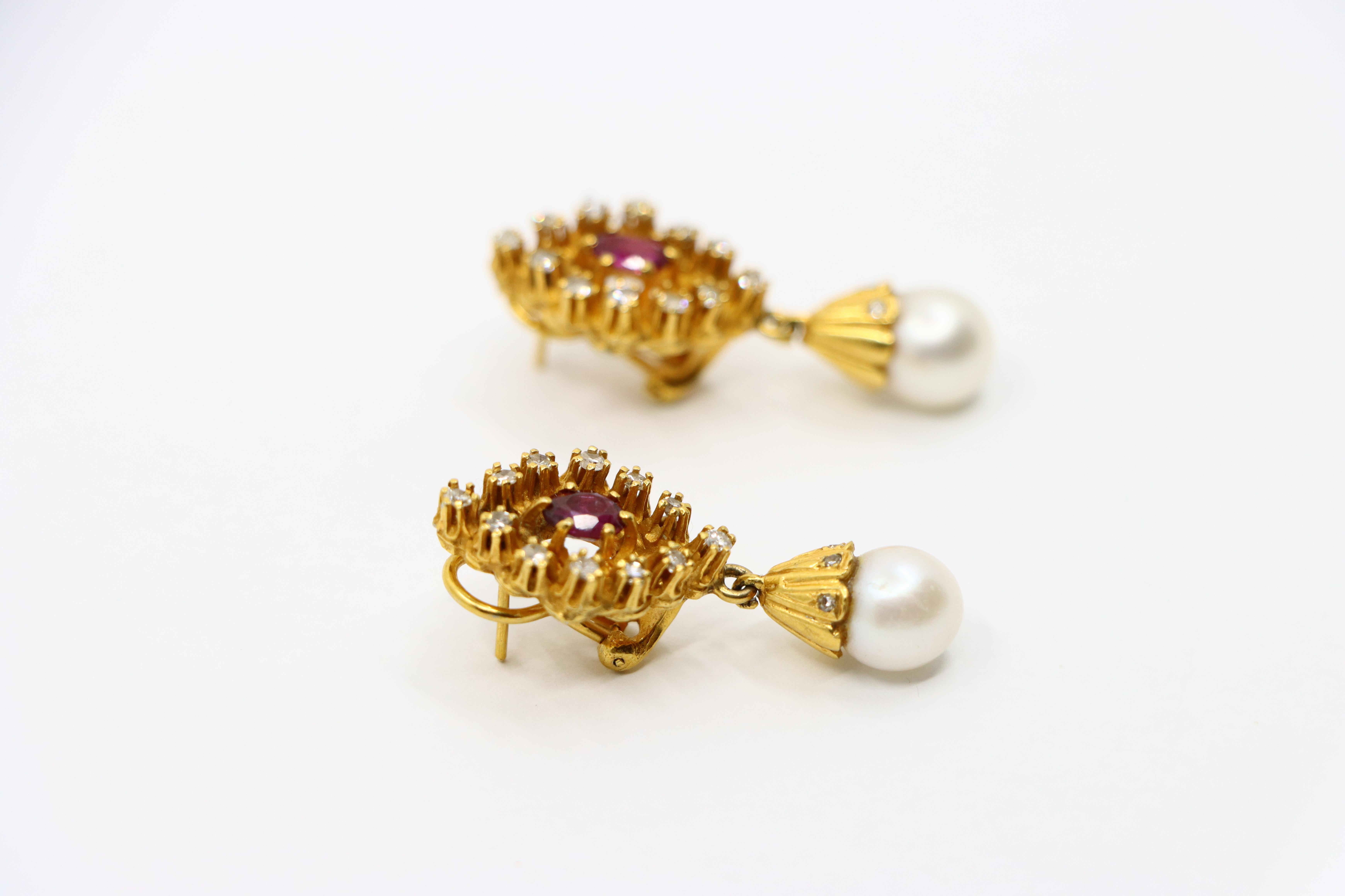 Vintage 14k Gold Ruby Diamonds Pearl Earrings For Sale 3