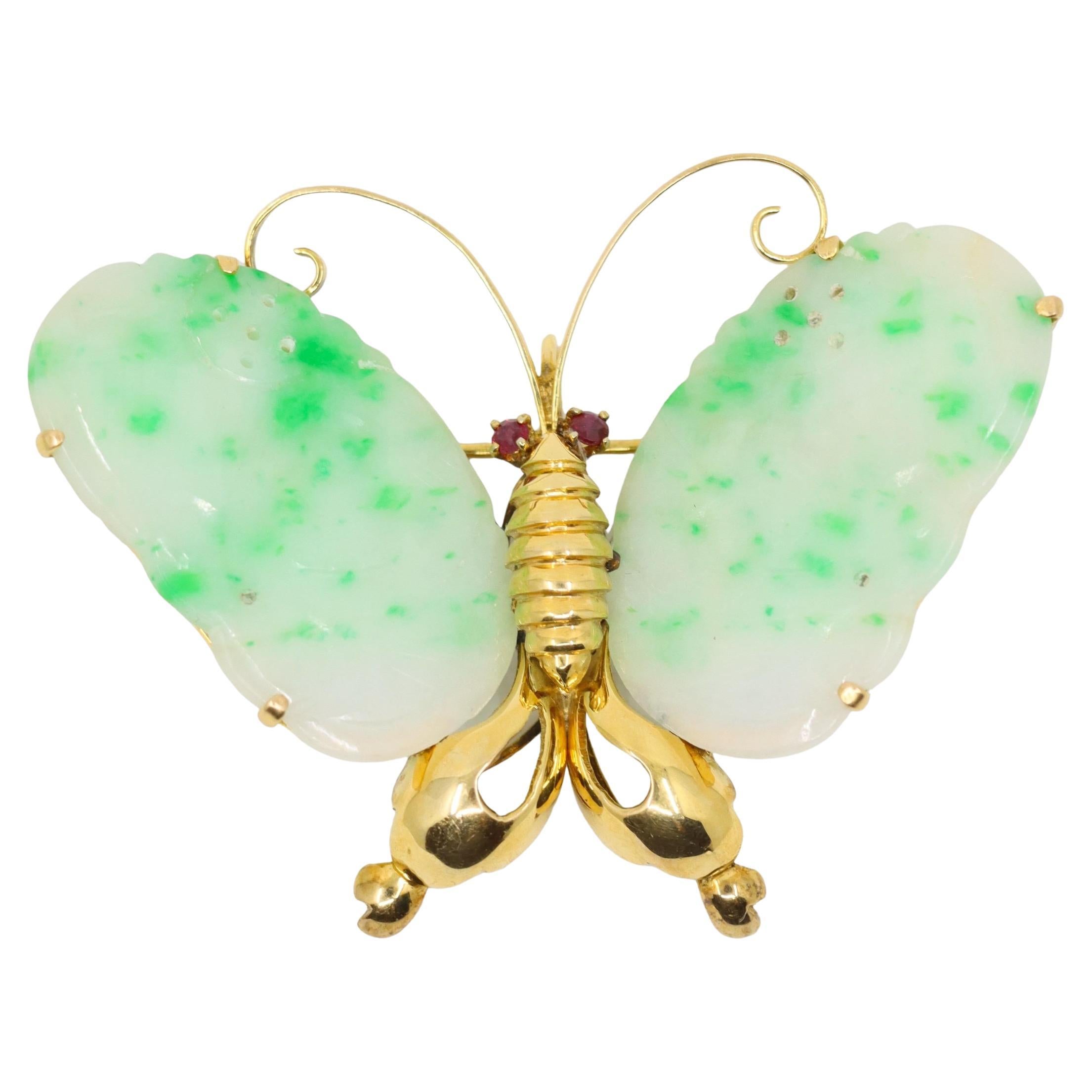 Broche papillon en or 14K rubis-jade vintage
