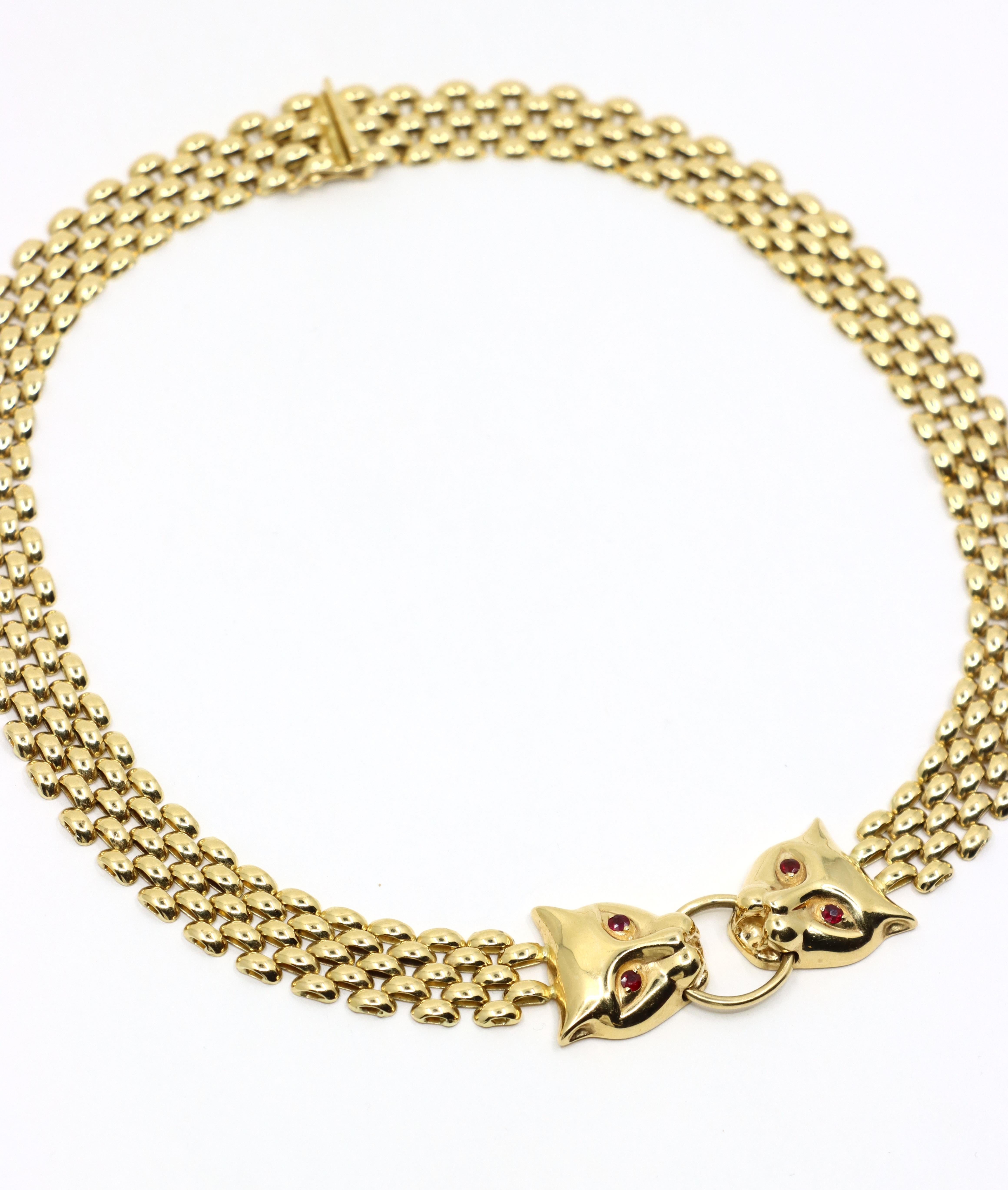 Taglio rotondo Collana A Link in oro 14K con rubino e pantera d'epoca in vendita