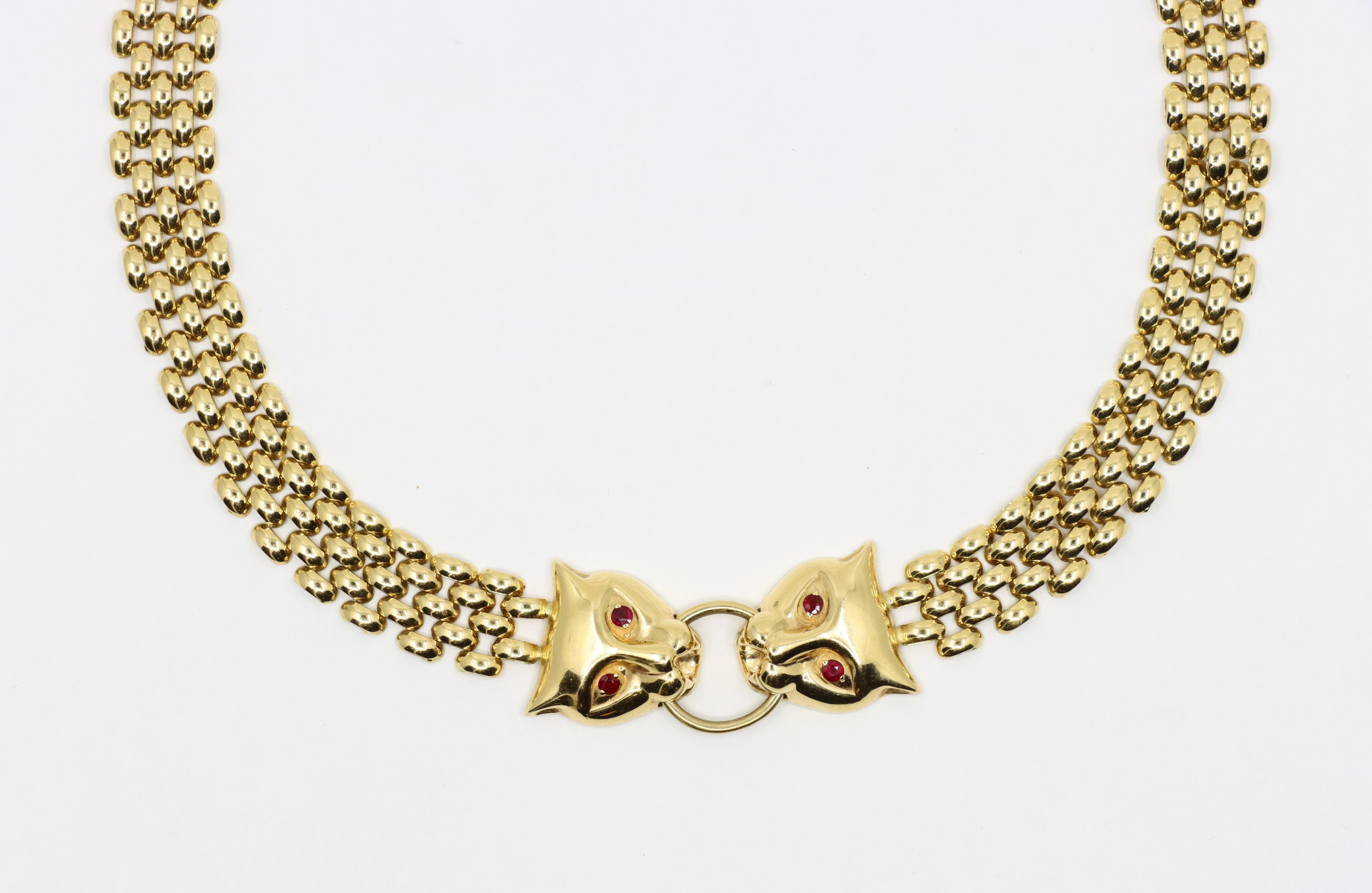 Collana A Link in oro 14K con rubino e pantera d'epoca In condizioni buone in vendita a Flushing, NY