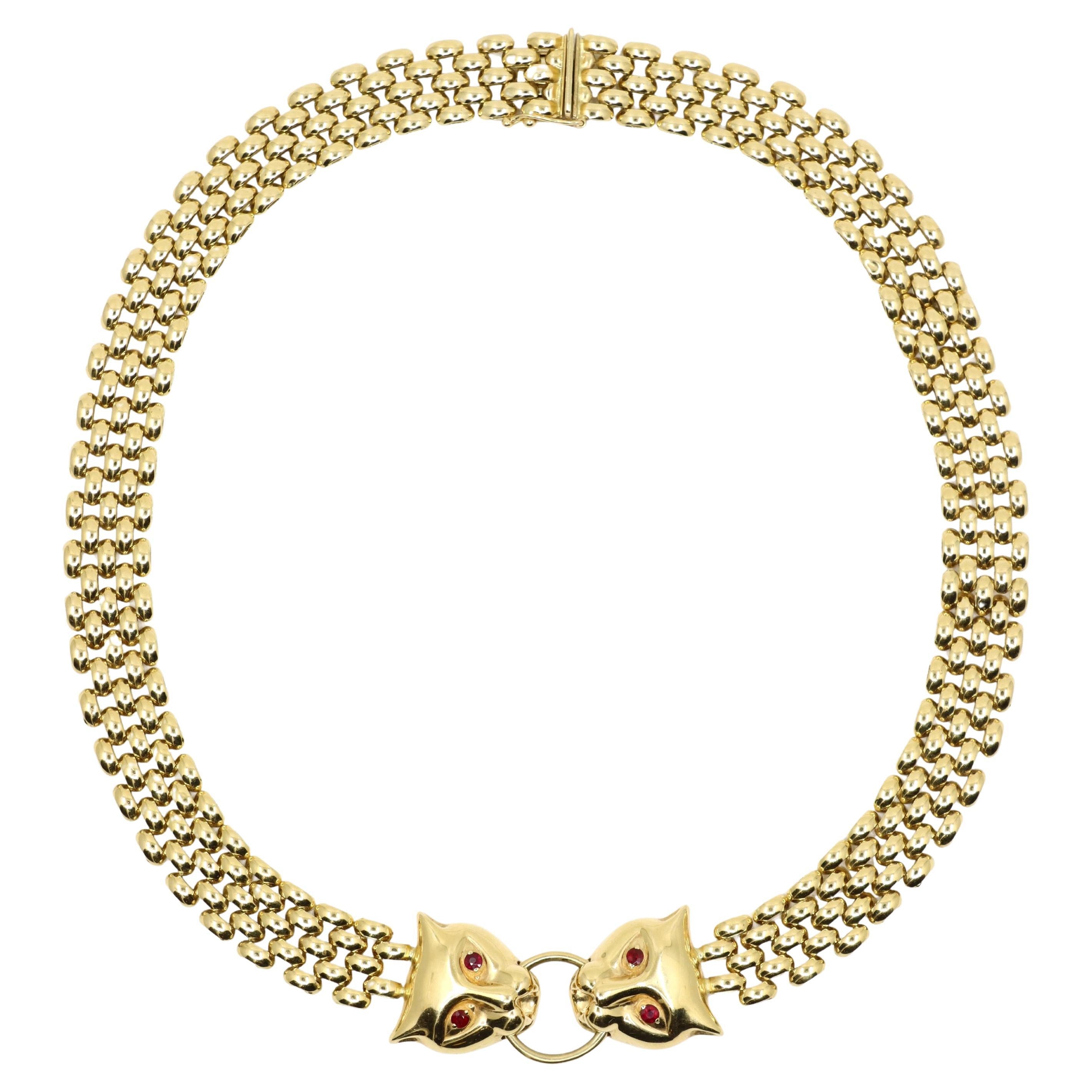 Collar de eslabones de pantera vintage de oro de 14 quilates y rubí