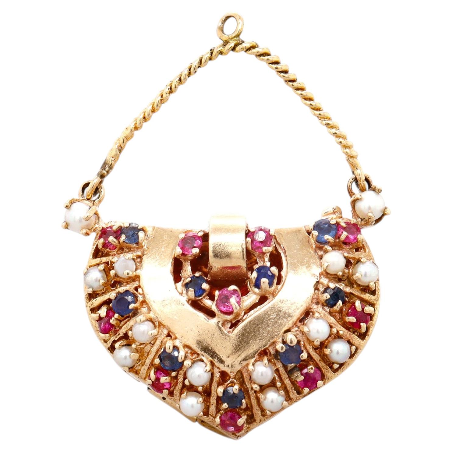 Pendentif ou breloque vintage en forme de personnage, en or 14 carats, avec rubis, saphir et perle