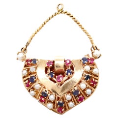 Vintage 14K Gold, Ruby, Sapphire, and Pearl Figural Purse Charm or Pendant