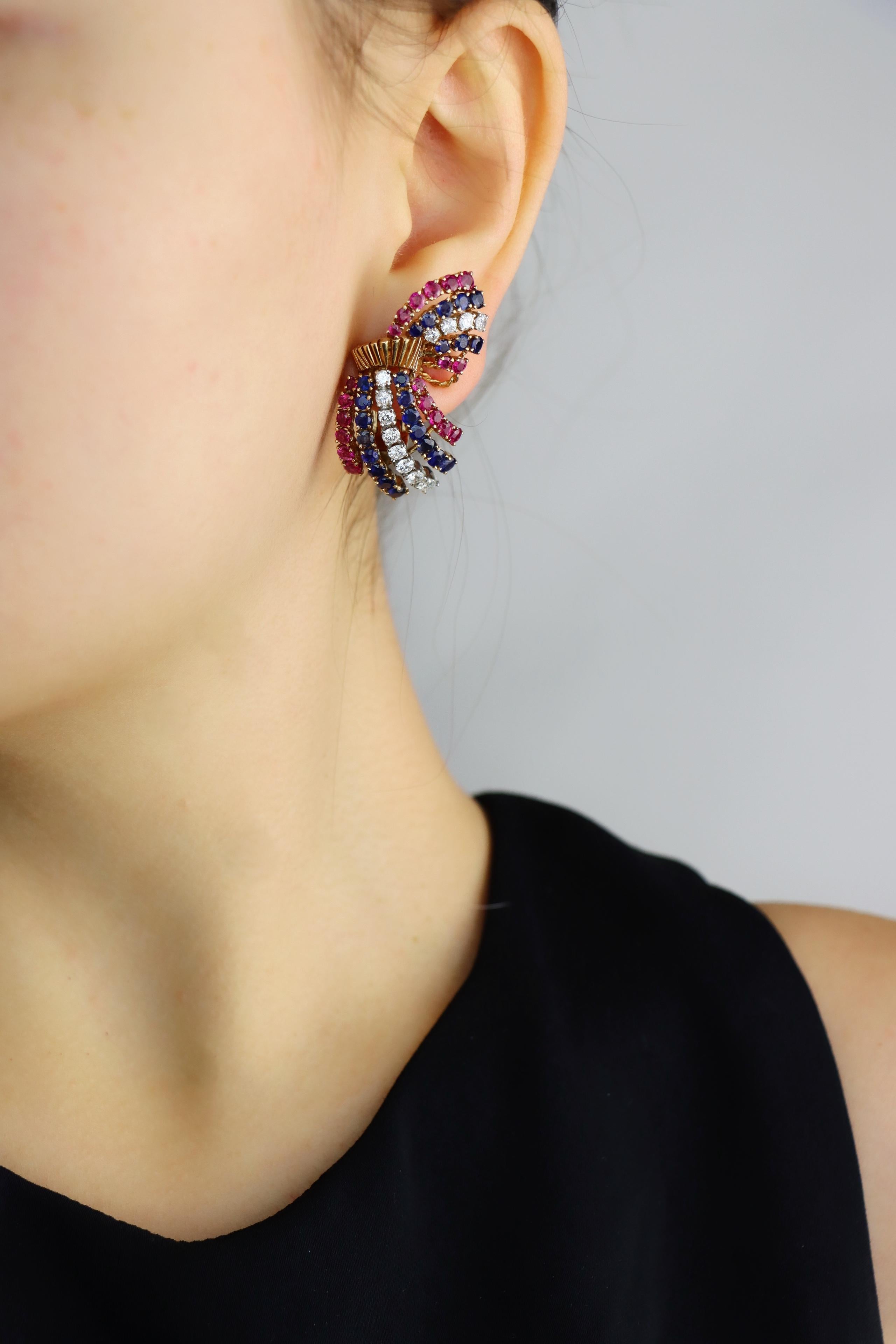 Vintage 14K Gold Ruby Sapphire Diamonds Earrings

Marked:
PAT.PEND

Approximate Dimensions:
4 cm (Length) 
2 cm (Width)
21.5 grams in weight.