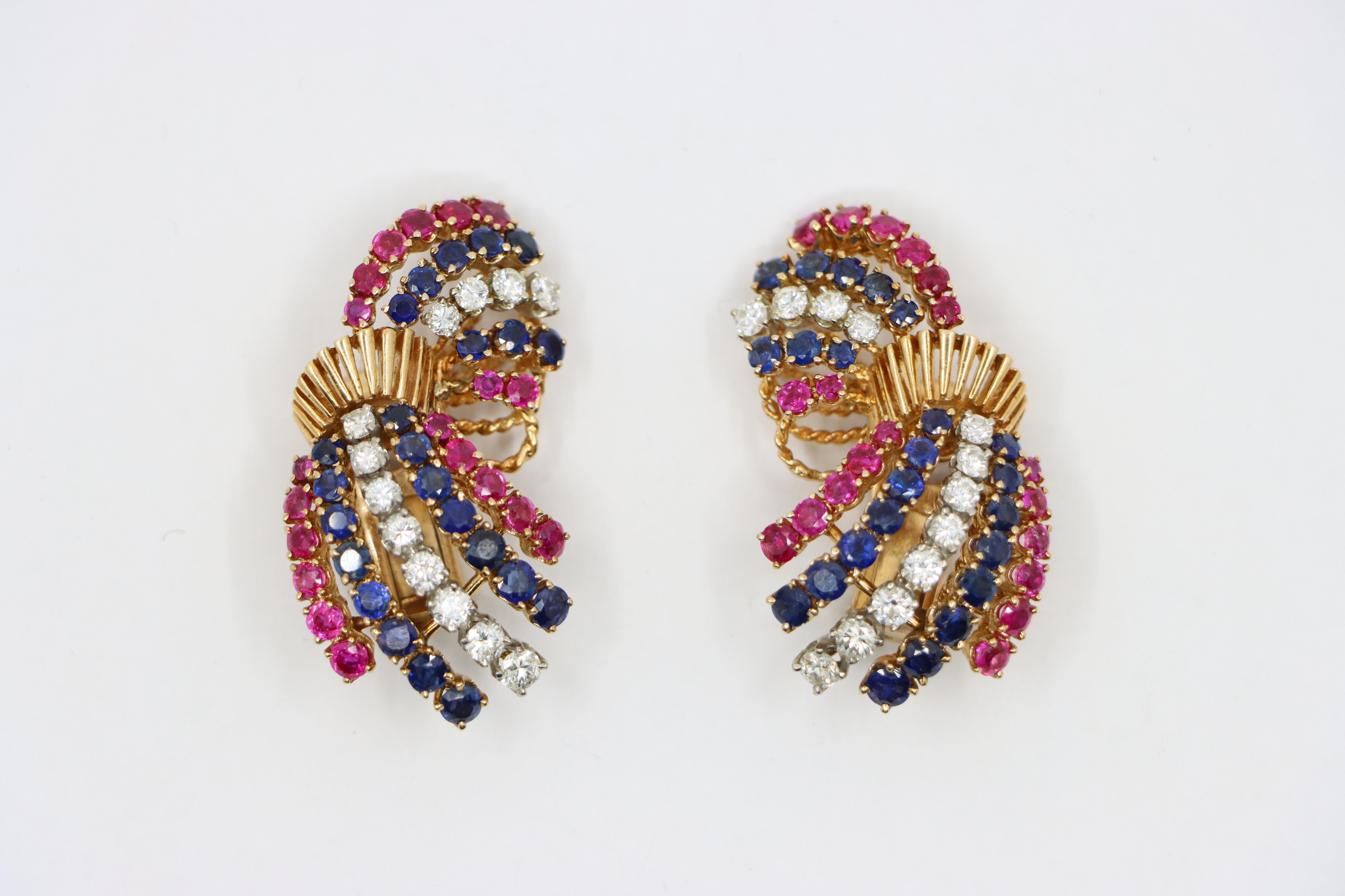 Vintage 14K Gold Ruby Sapphire Diamonds Earrings In Good Condition For Sale In Flushing, NY