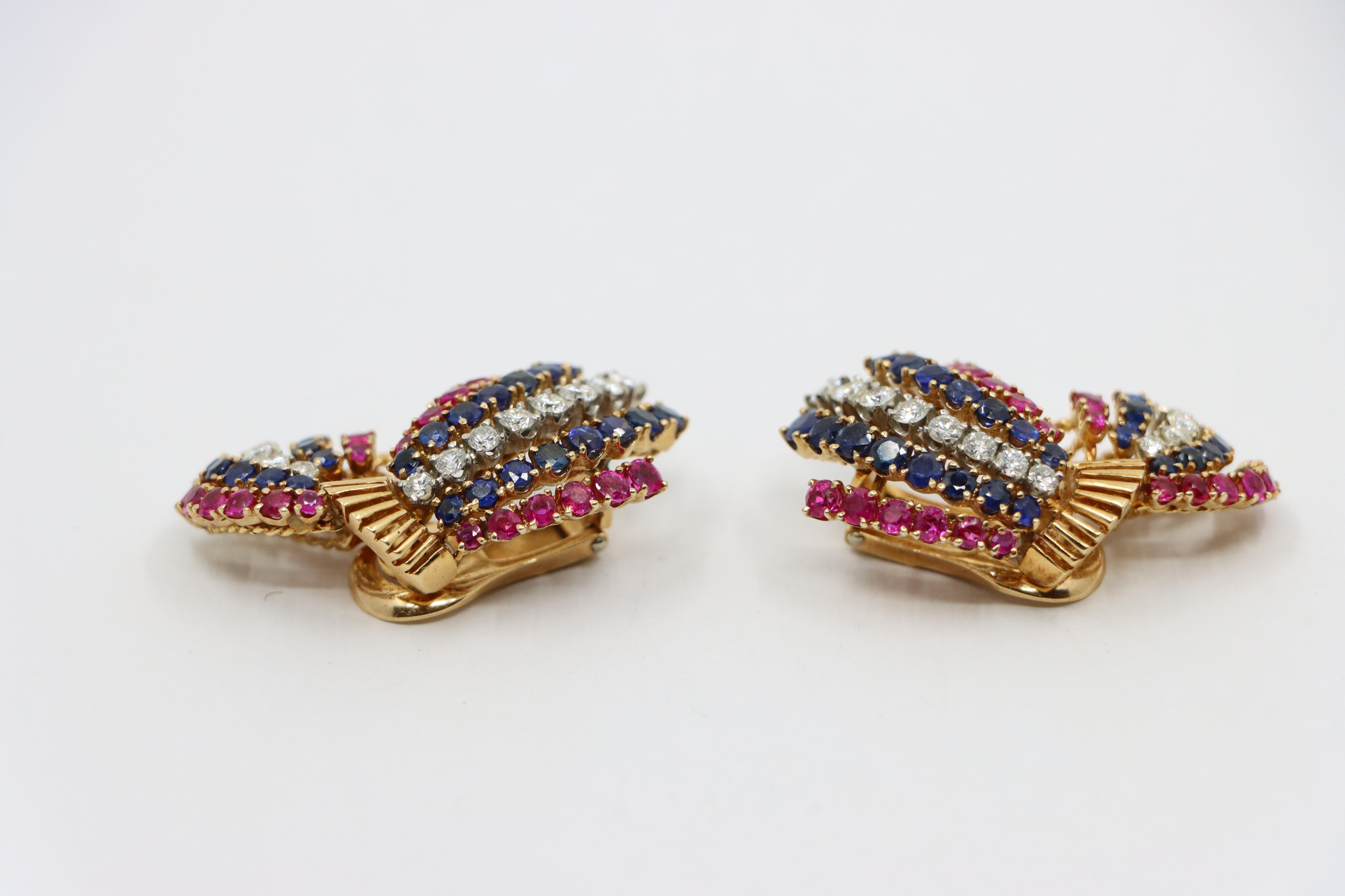 Women's or Men's Vintage 14K Gold Ruby Sapphire Diamonds Earrings For Sale