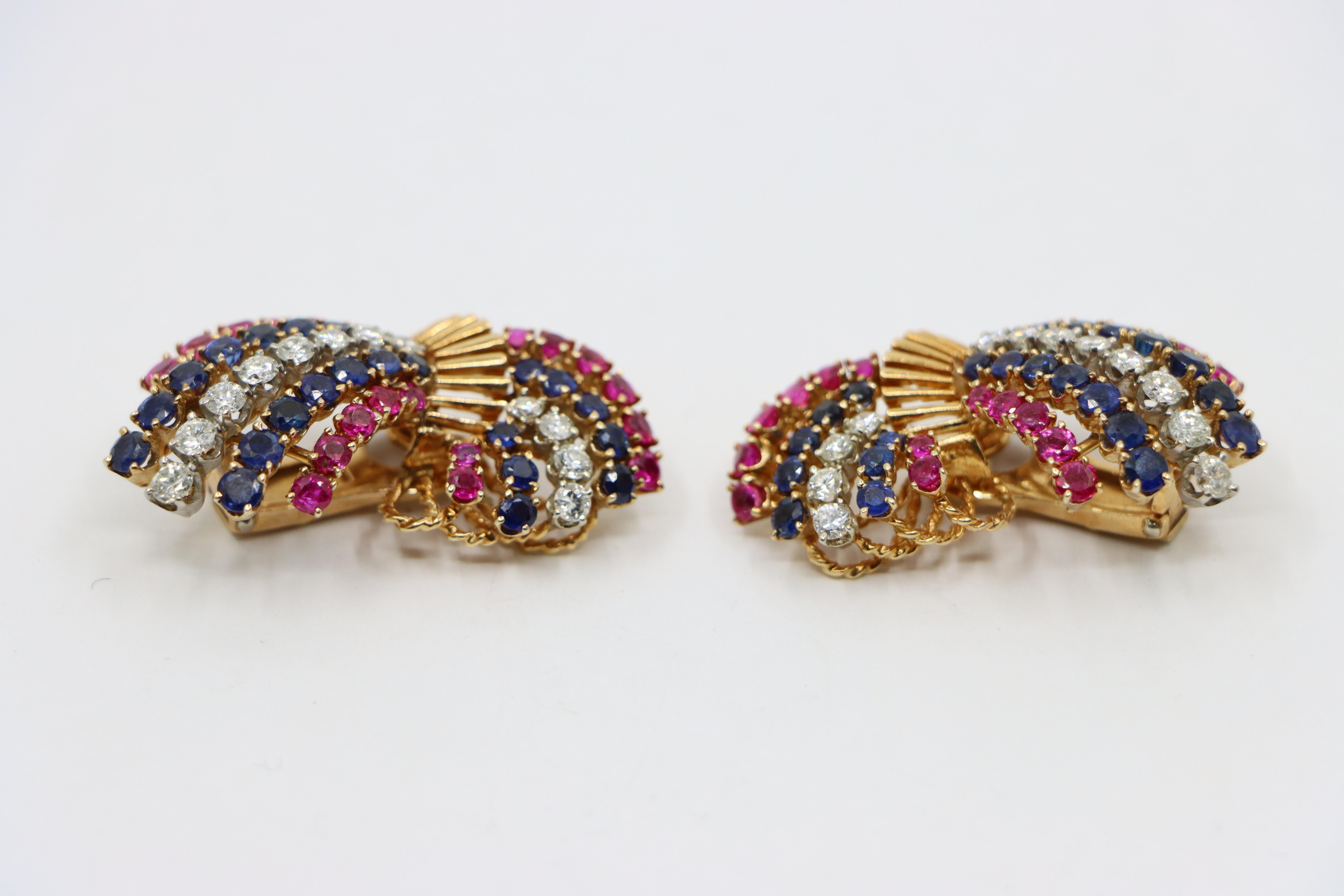 Vintage 14K Gold Ruby Sapphire Diamonds Earrings For Sale 1