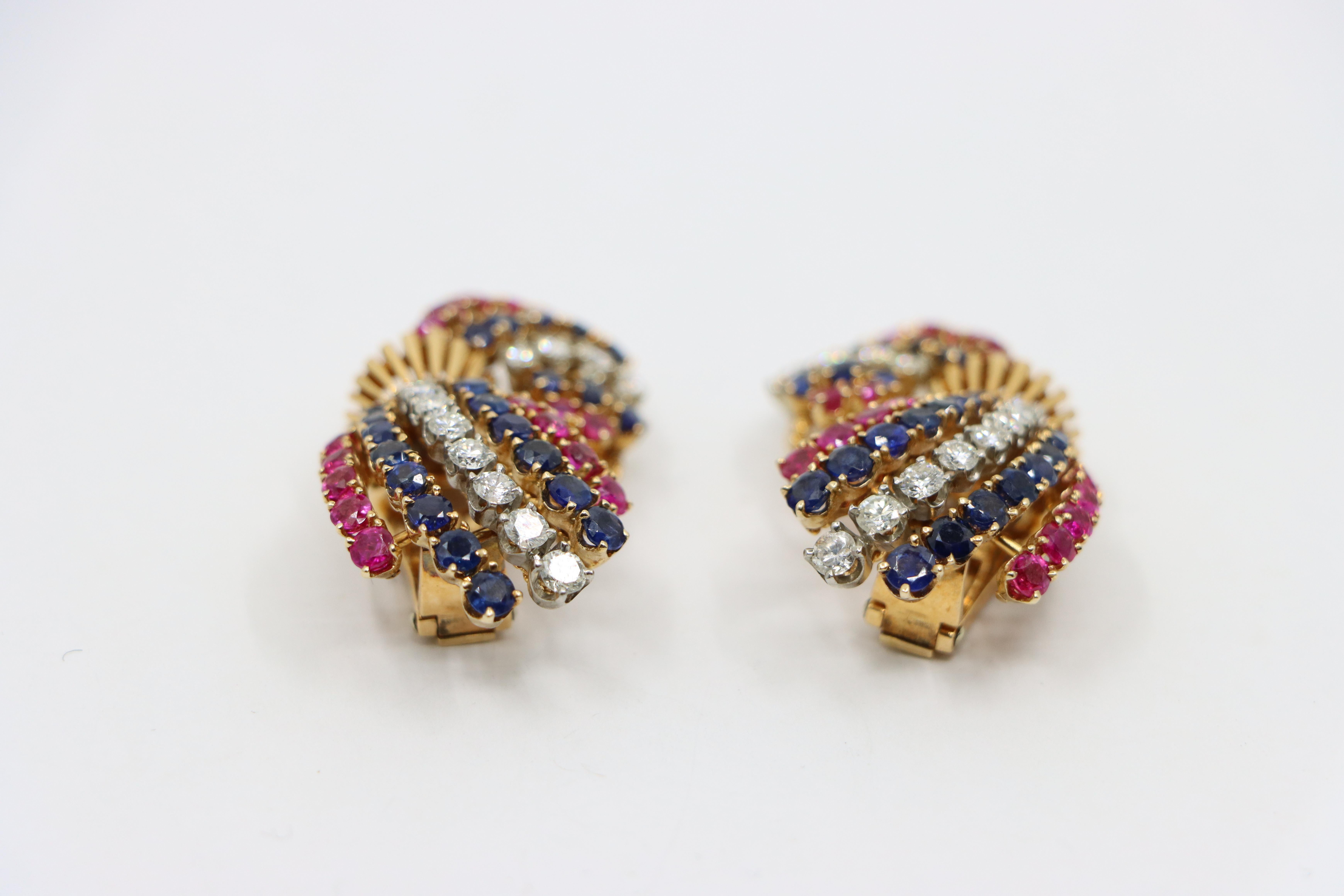 Vintage 14K Gold Ruby Sapphire Diamonds Earrings For Sale 2