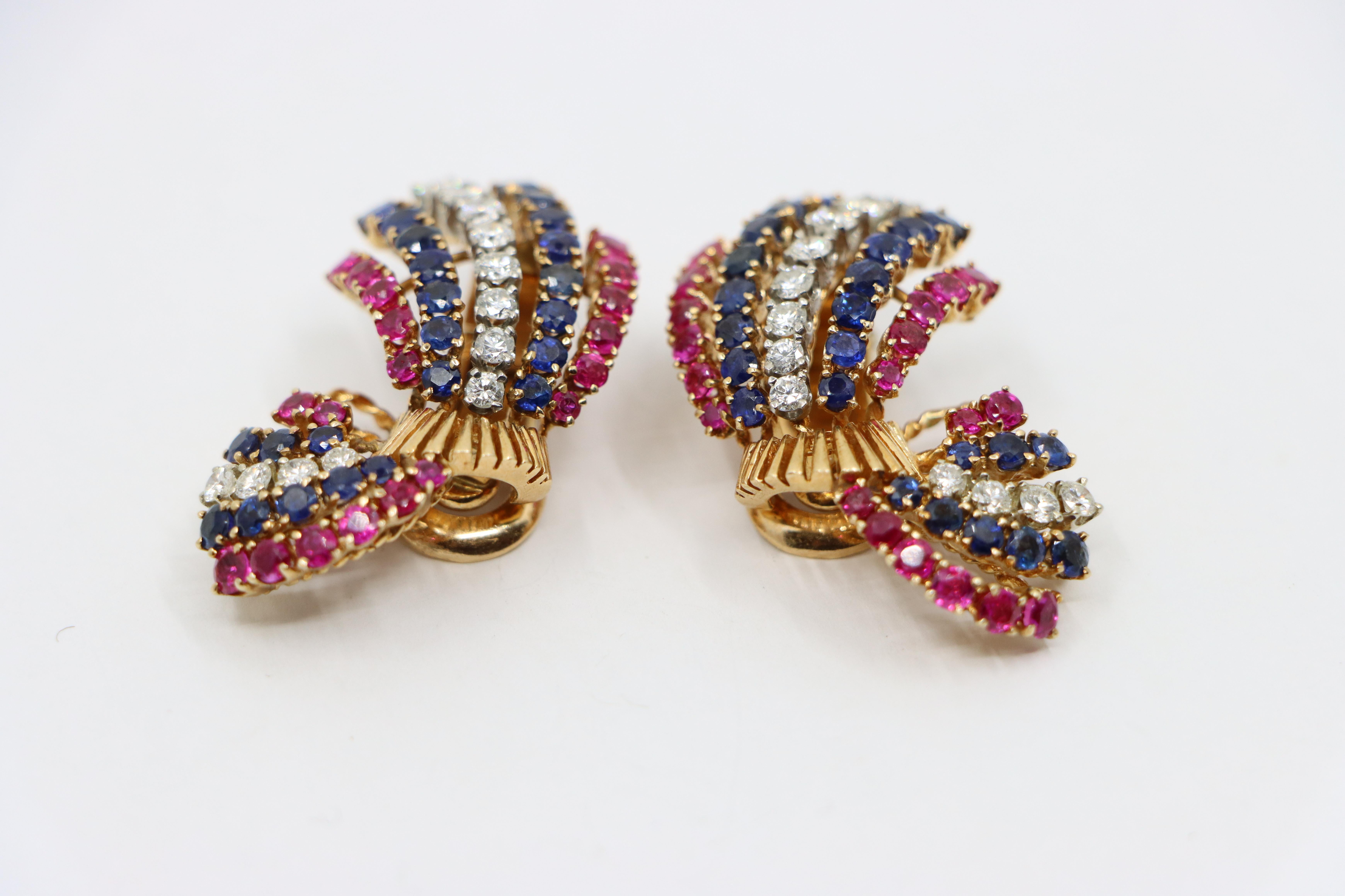 Vintage 14K Gold Ruby Sapphire Diamonds Earrings For Sale 3