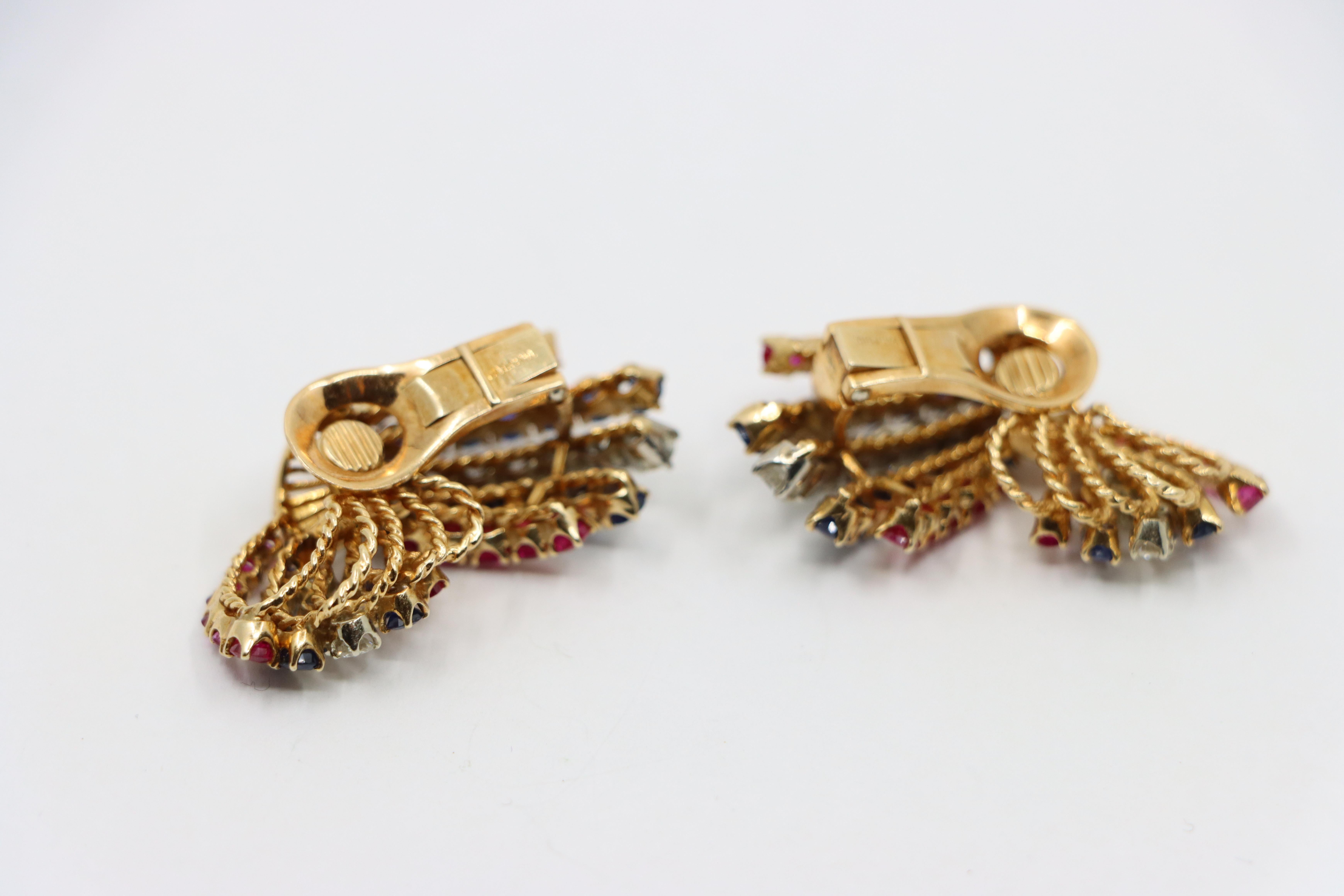 Vintage 14K Gold Ruby Sapphire Diamonds Earrings For Sale 4