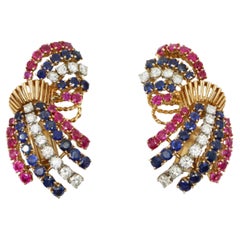 Ohrringe aus 14 Karat Gold mit Rubin, Saphir und Diamanten