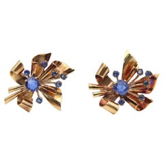 Retro 14k Gold Sapphire Flower Earrings Marked, 1950