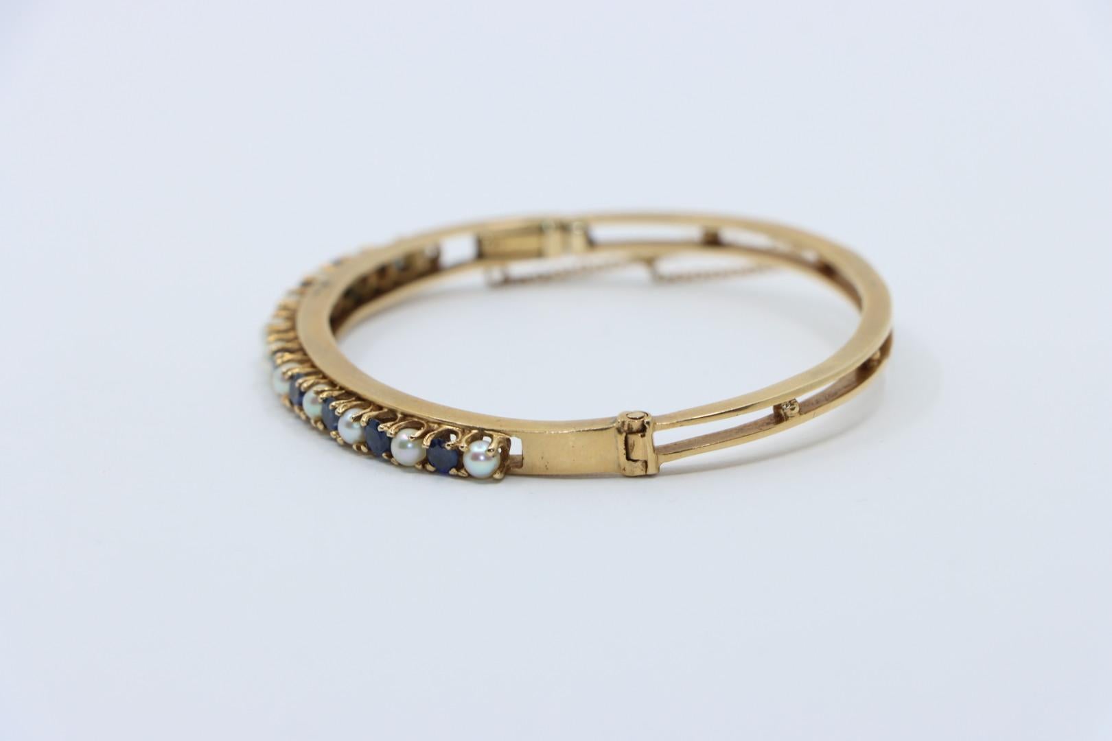 Vintage 14K Gold Sapphire Pearl Bangle Bracelet For Sale 5