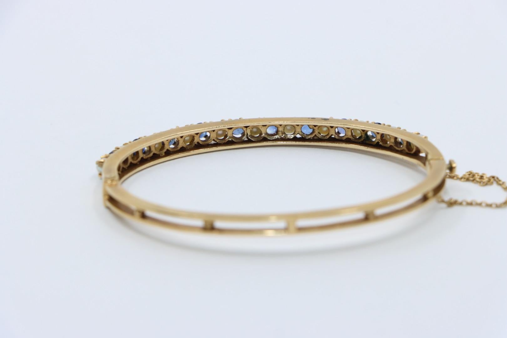 Vintage 14K Gold Sapphire Pearl Bangle Bracelet For Sale 6