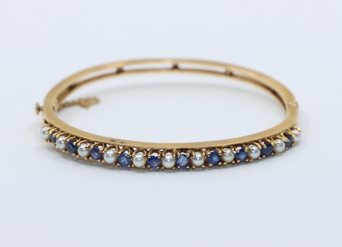 Vintage 14K Gold Sapphire Pearl Bangle Bracelet For Sale 7