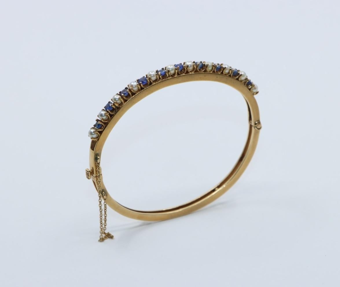 Women's or Men's Vintage 14K Gold Sapphire Pearl Bangle Bracelet For Sale