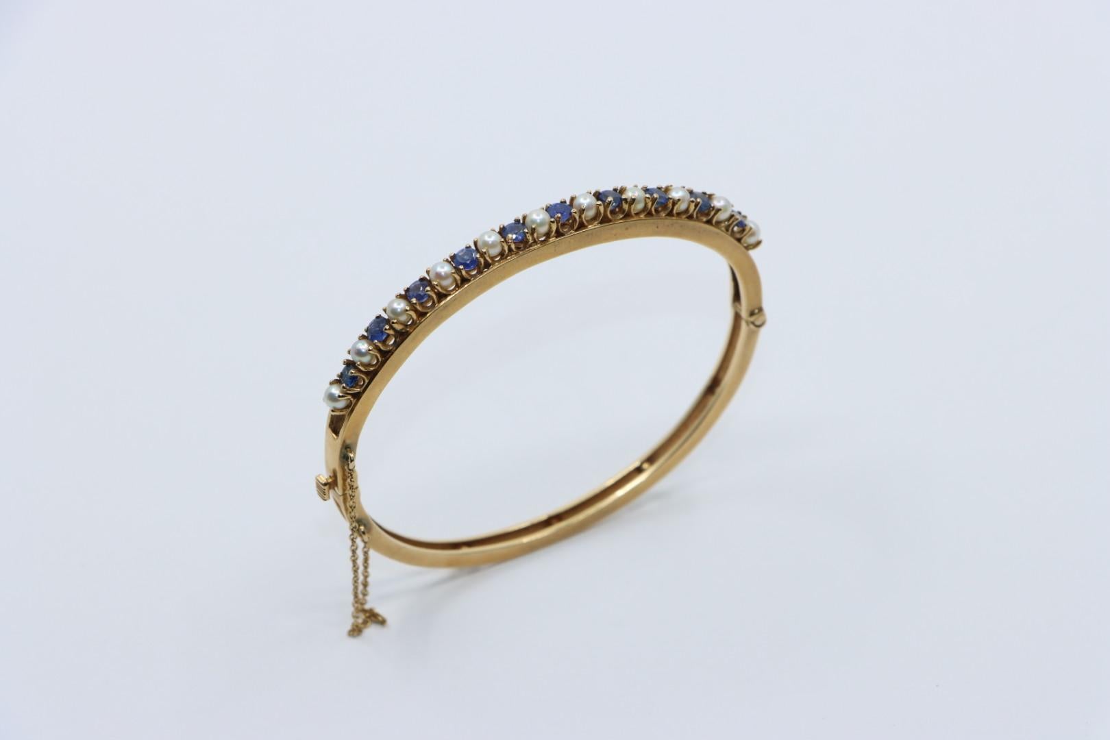 Vintage 14K Gold Sapphire Pearl Bangle Bracelet For Sale 1