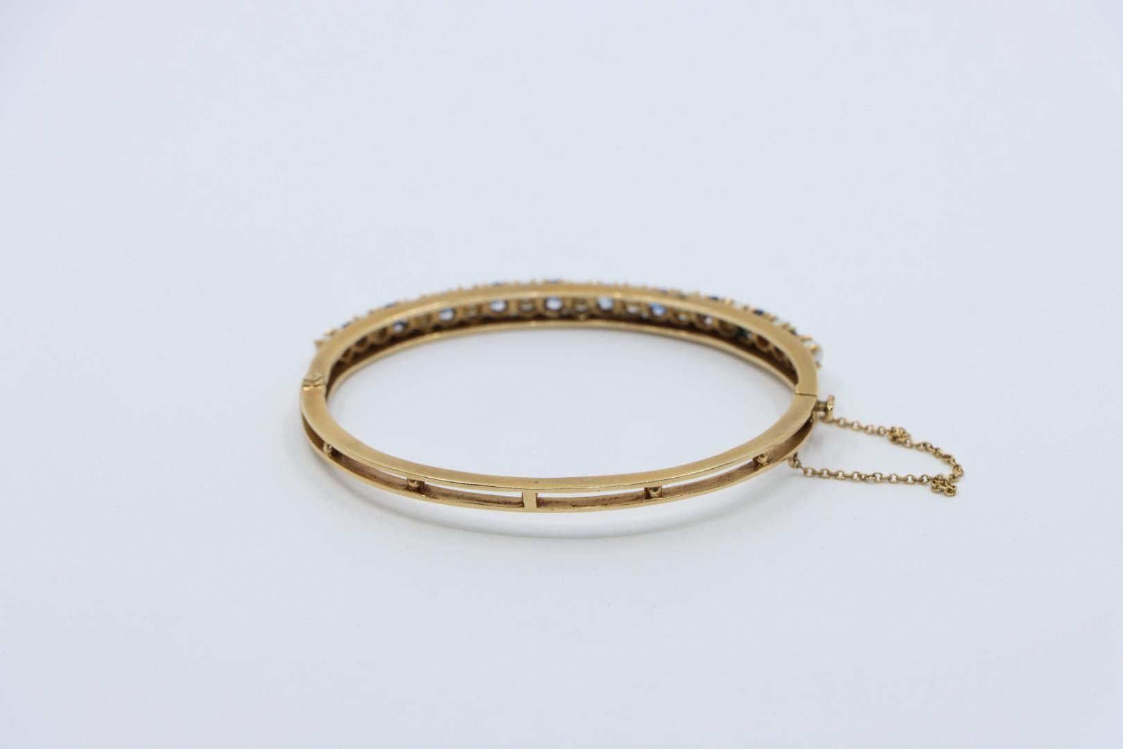 Vintage 14K Gold Sapphire Pearl Bangle Bracelet For Sale 2