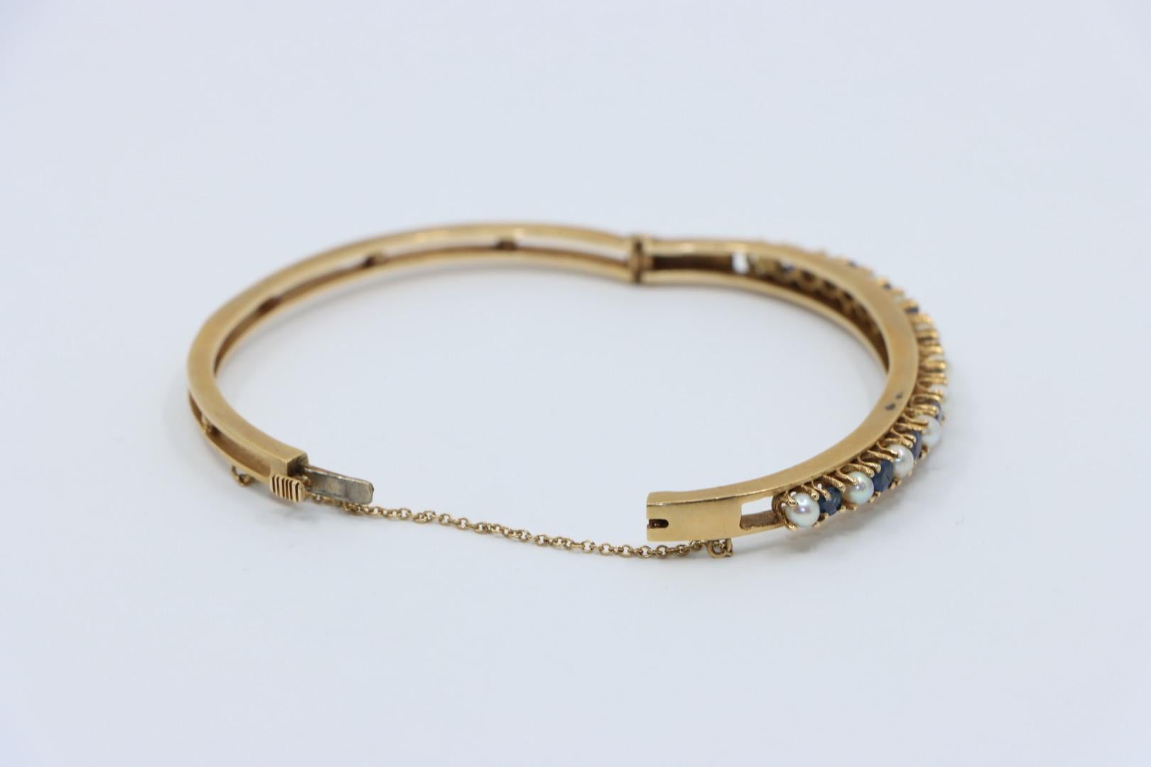 Vintage 14K Gold Sapphire Pearl Bangle Bracelet For Sale 3
