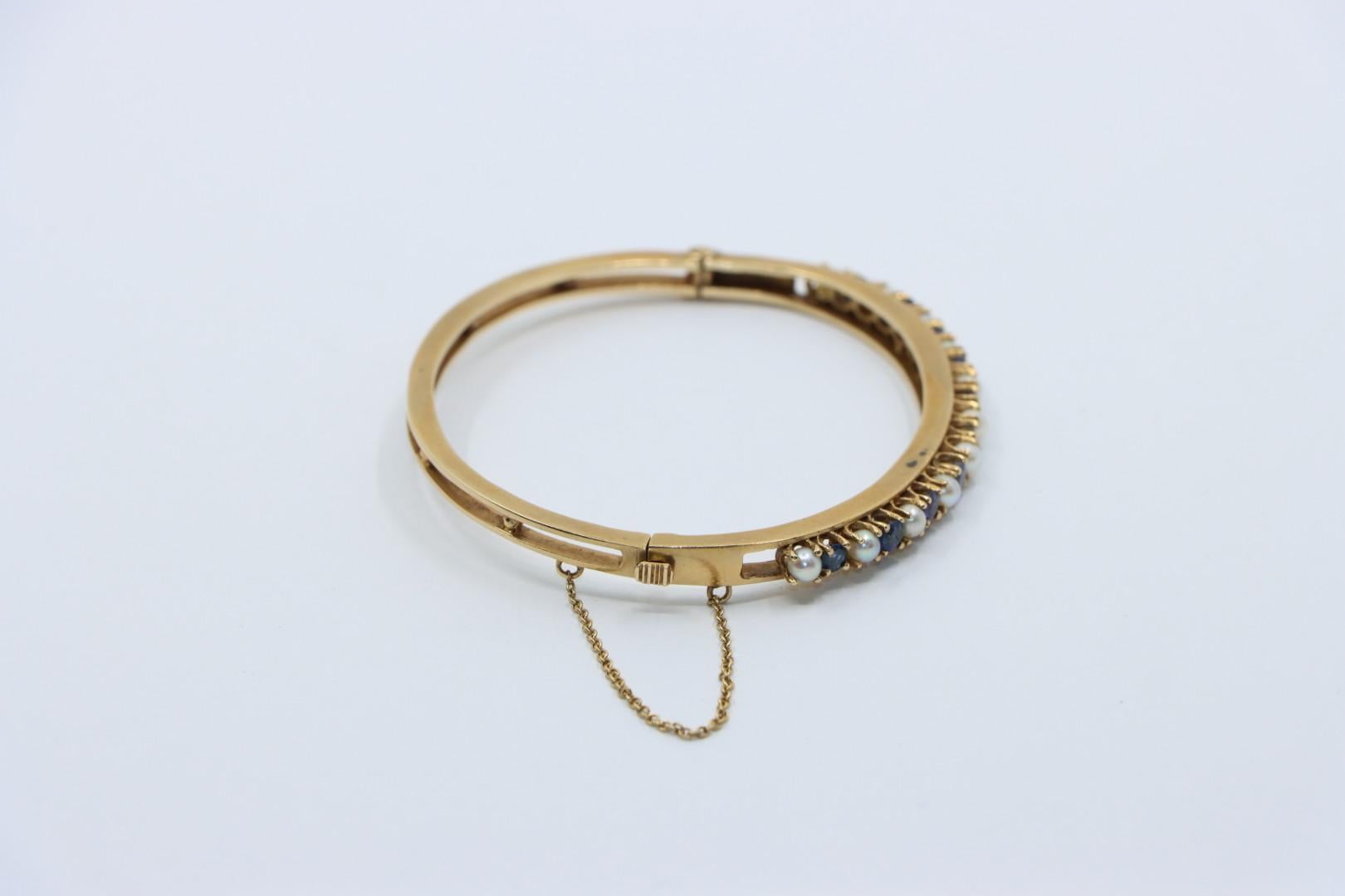 Vintage 14K Gold Sapphire Pearl Bangle Bracelet For Sale 4