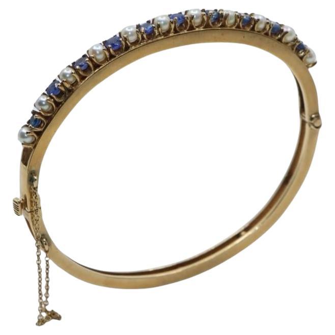 Vintage 14K Gold Sapphire Pearl Bangle Bracelet For Sale