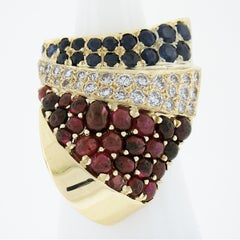 Vintage 14K Gold Sapphire Ruby & Diamond Shark Fin Wide Full Finger Band Ring