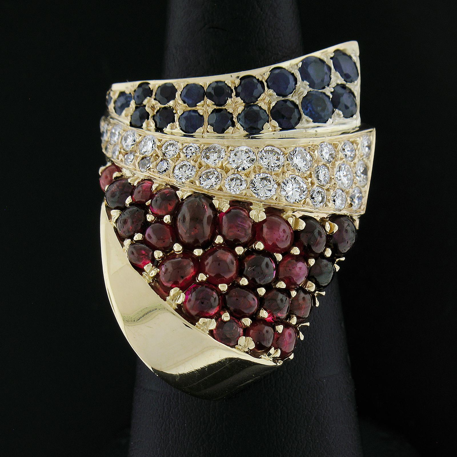 Round Cut Vintage 14K Gold Sapphire Ruby & Diamond Shark Fin Wide Full Finger Band Ring For Sale