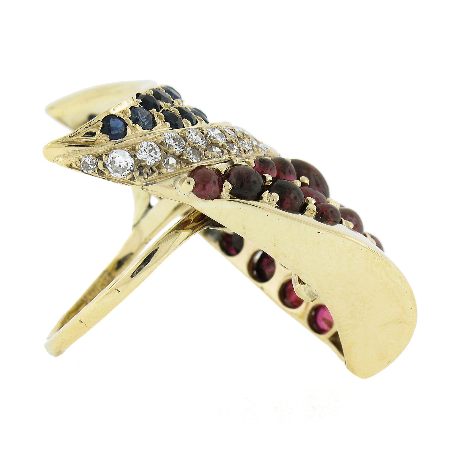 Vintage 14K Gold Sapphire Ruby & Diamond Shark Fin Wide Full Finger Band Ring In Excellent Condition For Sale In Montclair, NJ