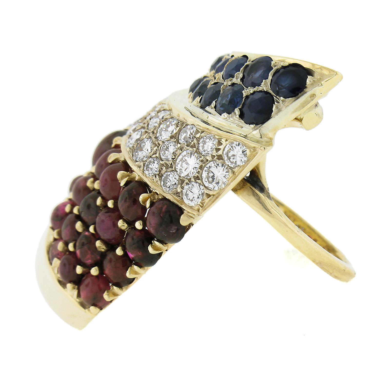 Women's Vintage 14K Gold Sapphire Ruby & Diamond Shark Fin Wide Full Finger Band Ring For Sale