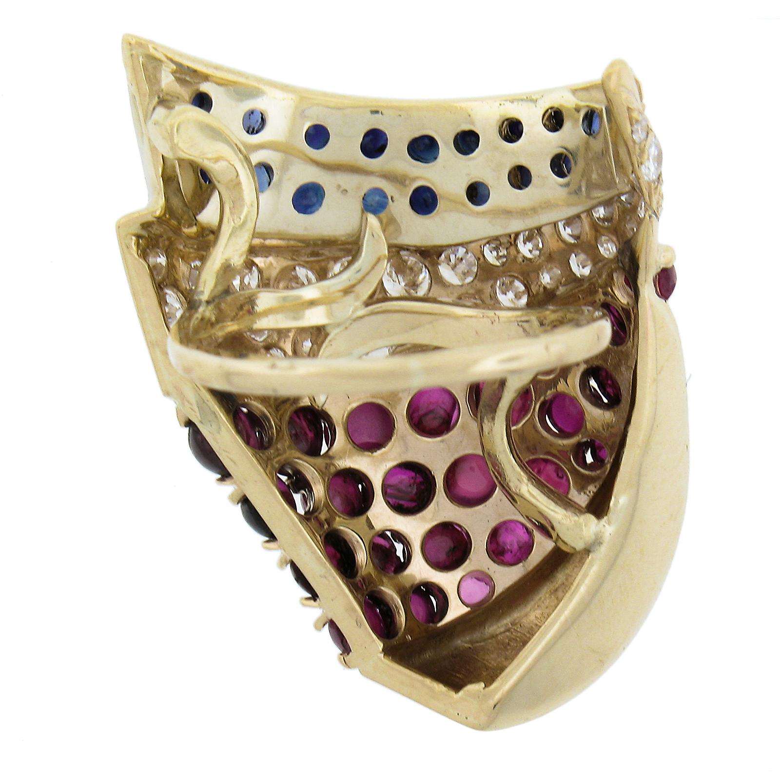 Vintage 14K Gold Sapphire Ruby & Diamond Shark Fin Wide Full Finger Band Ring For Sale 1