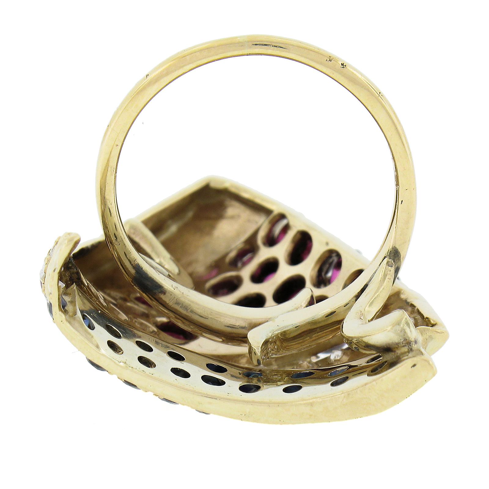 Vintage 14K Gold Sapphire Ruby & Diamond Shark Fin Wide Full Finger Band Ring For Sale 2
