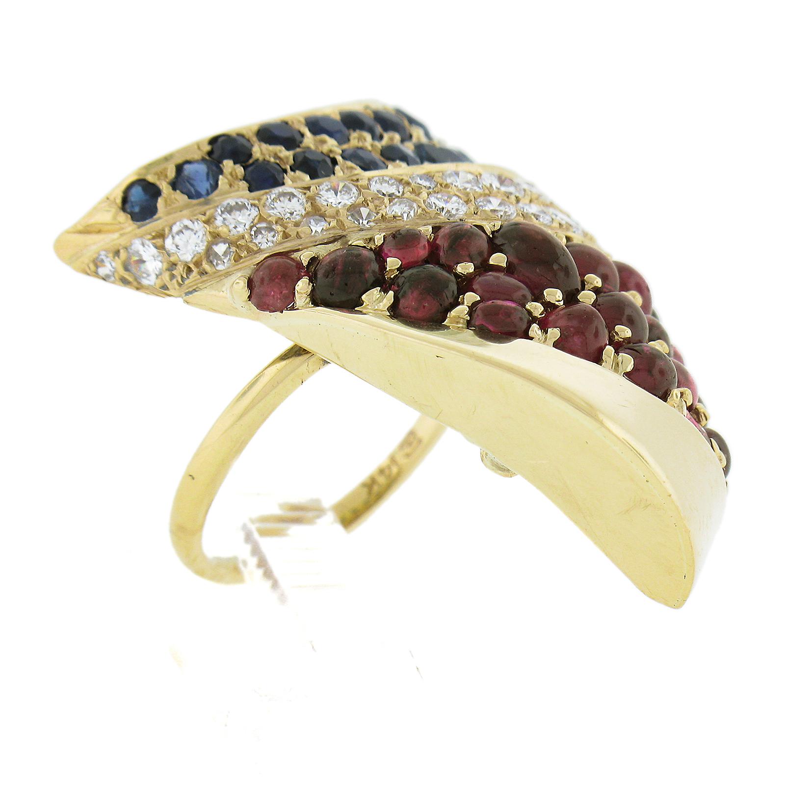 Vintage 14K Gold Sapphire Ruby & Diamond Shark Fin Wide Full Finger Band Ring For Sale 3